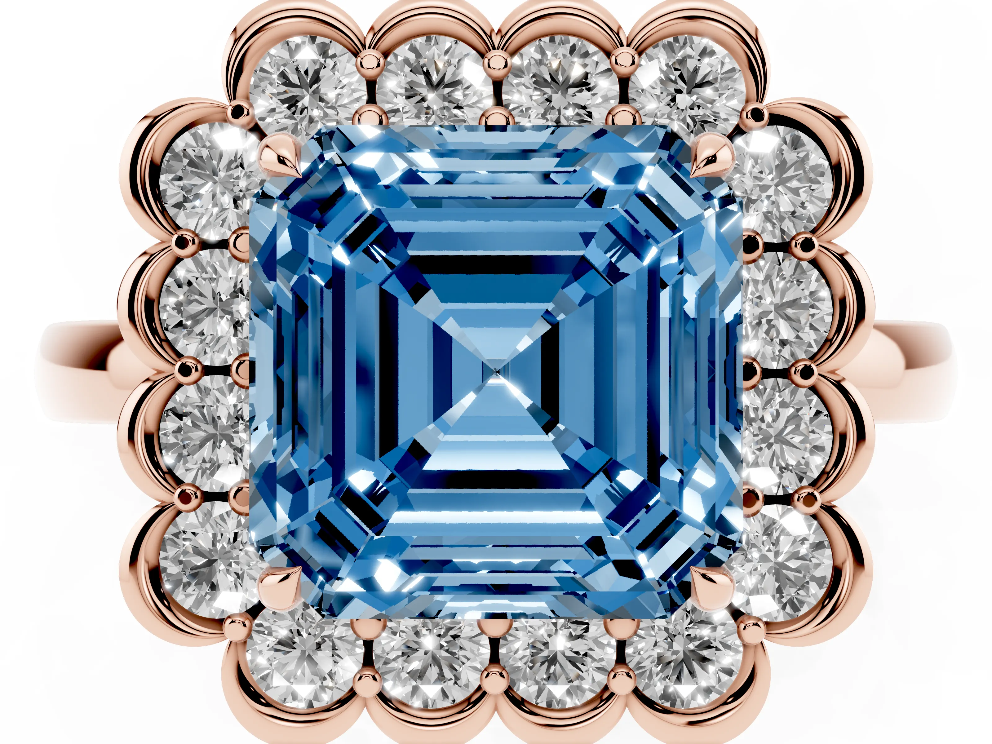 Fancy Blue Asscher Cut Diamond Halo Cluster Engagement Ring Set in Rose gold with Solitaire Band and Prong Setting