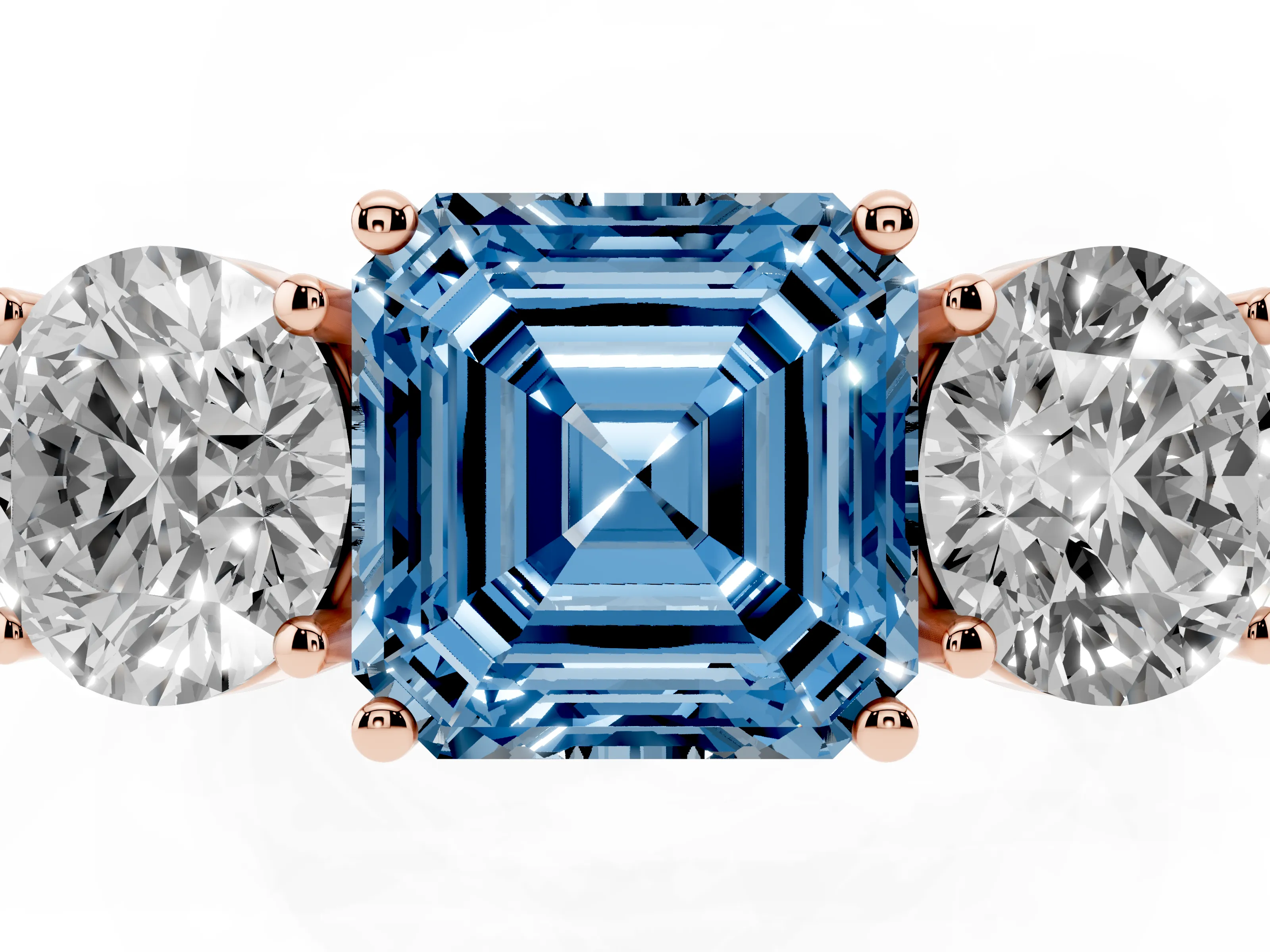 Fancy Blue Asscher Cut Diamond Three-Stone Ring Set in Rose gold with Channel-Set Accent Band