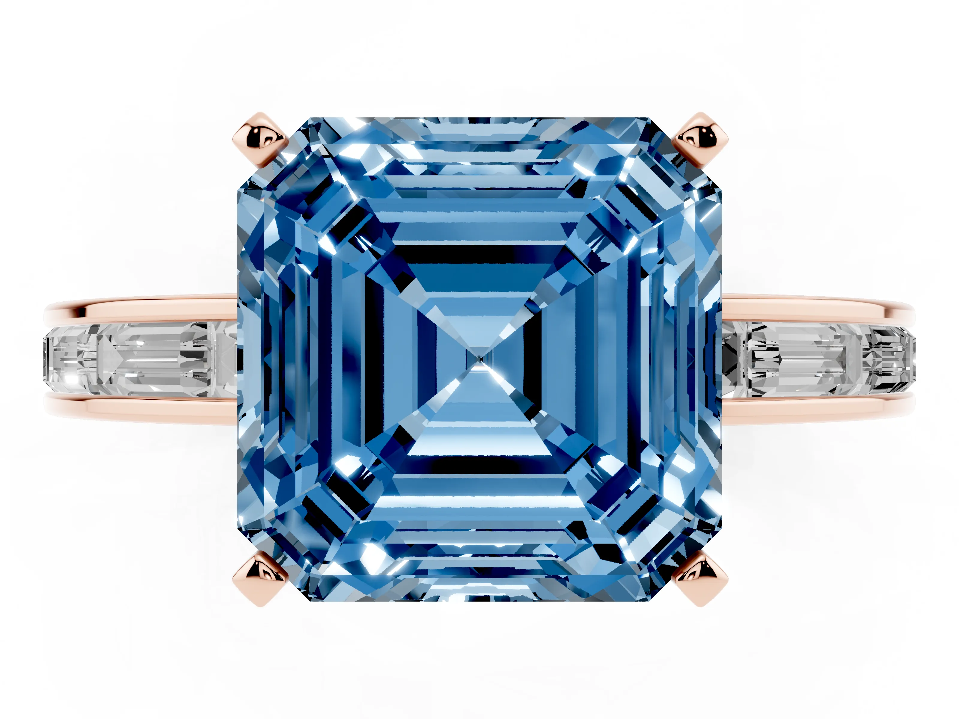 Fancy Blue Asscher Cut Diamond Solitaire Ring Set in Rose gold with Channel-Set Baguette Band and Prong Setting