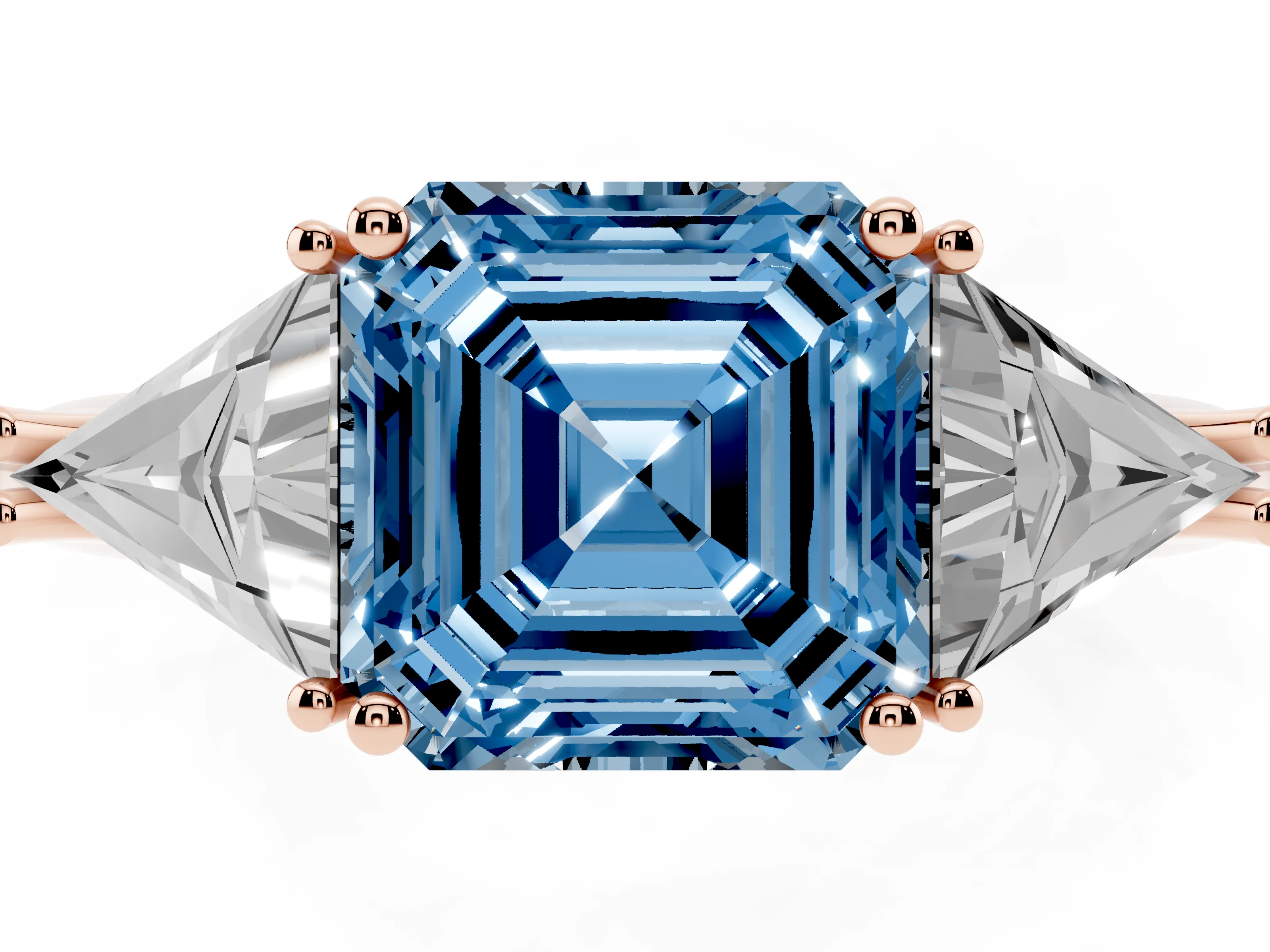 Fancy Blue Asscher Cut Diamond Three-Stone Engagement Ring Set in Rose gold with Trillion Side Stones