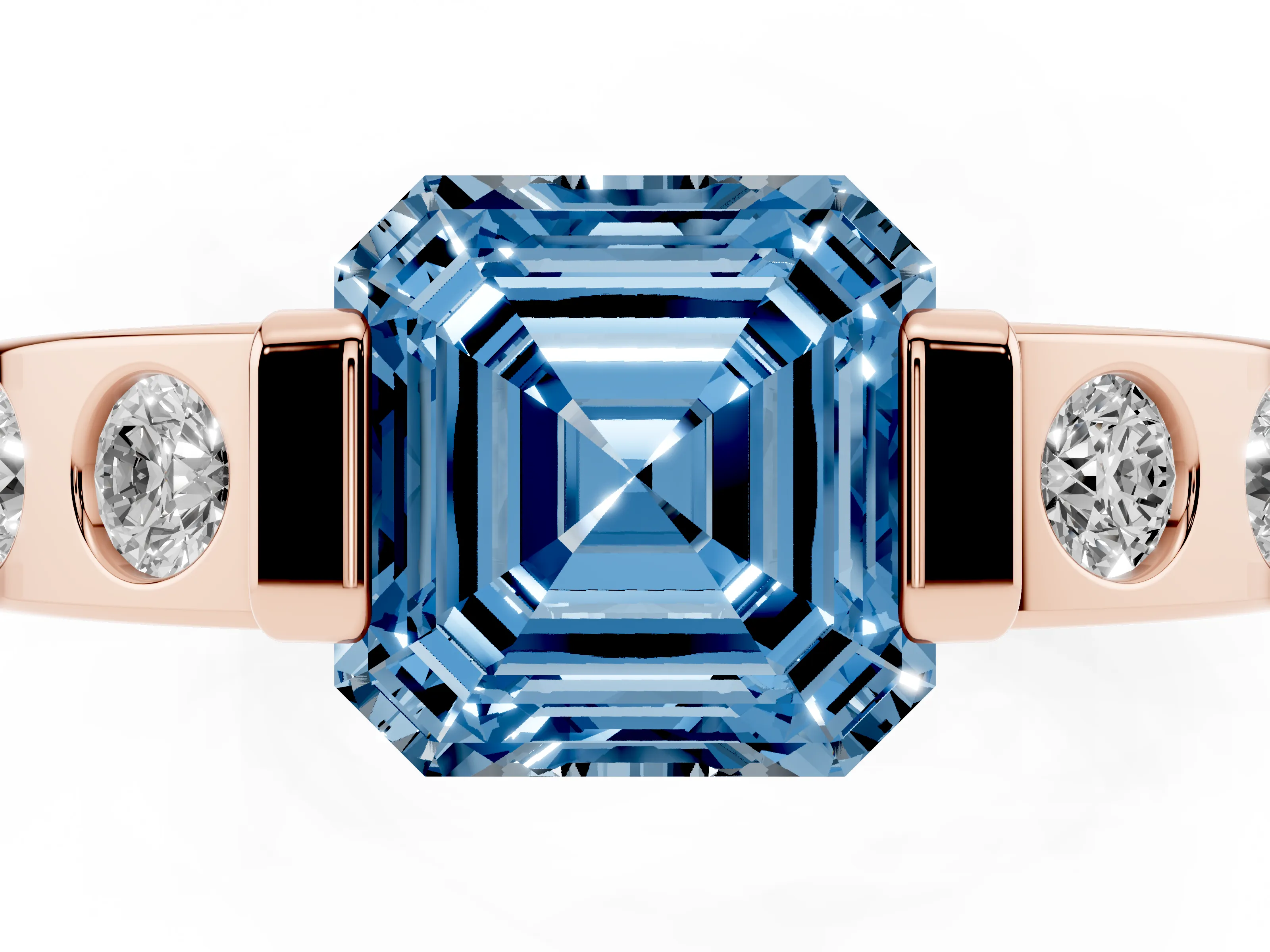 Fancy Blue Asscher Cut Diamond Channel-Set Band Ring Set in Rose gold with Bezel Prong Setting
