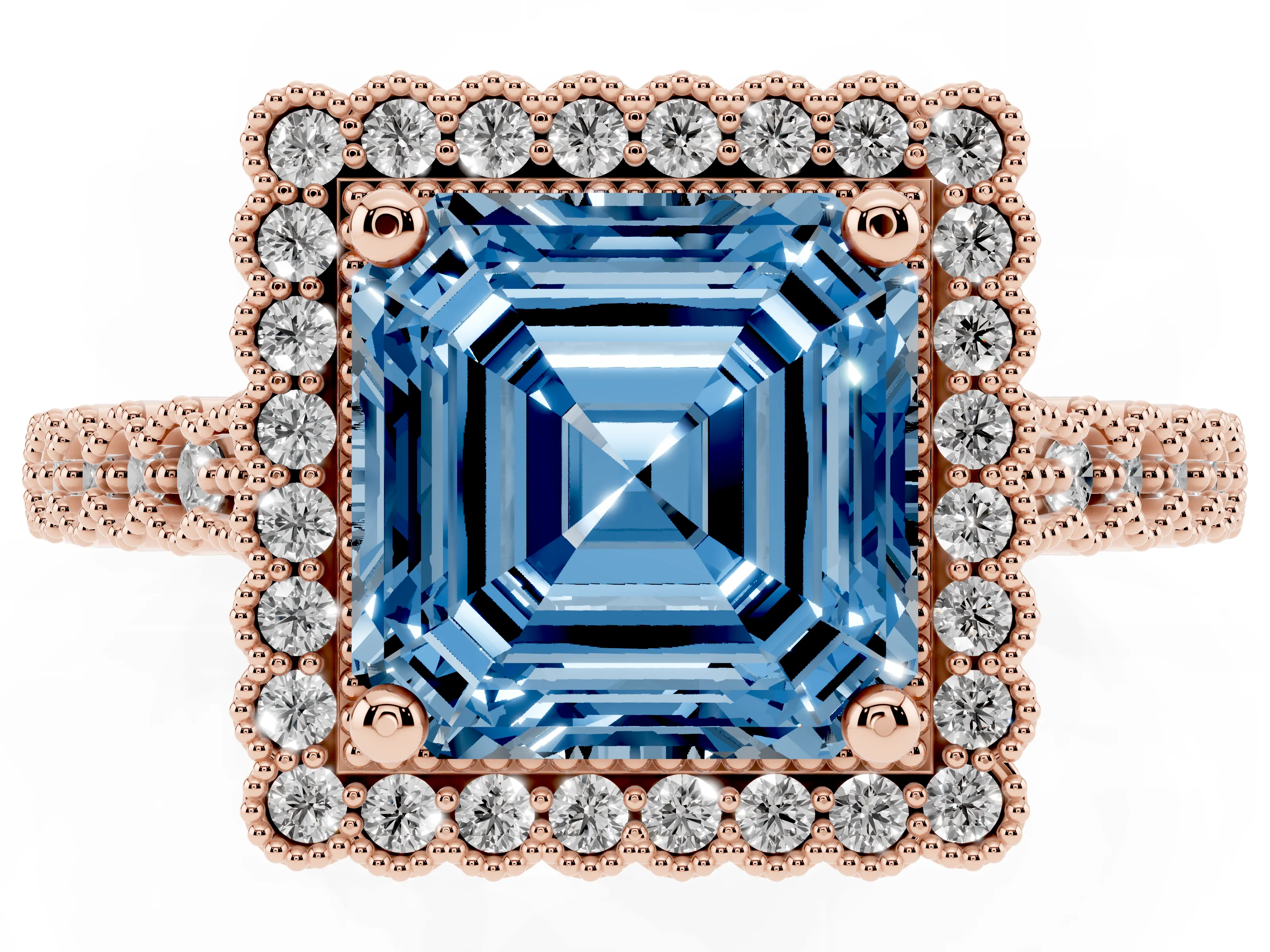 Fancy Blue Asscher Cut Diamond Halo Ring Set in Rose gold with Pavé Milgrain Band