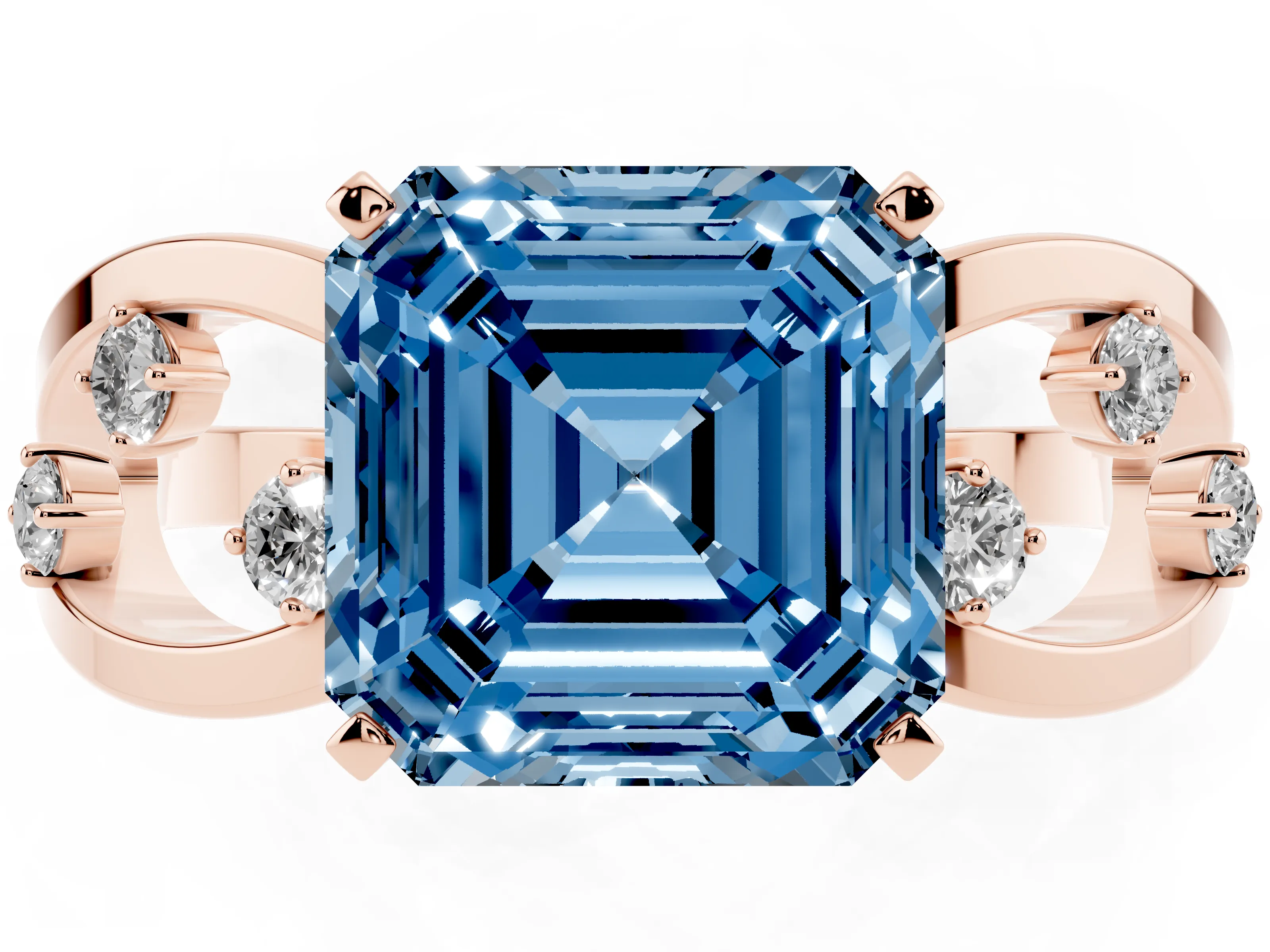 Fancy Blue Asscher Cut Diamond Solitaire Ring Set in Rose gold with Side Stones on Criss-Cross Band and Prong Setting