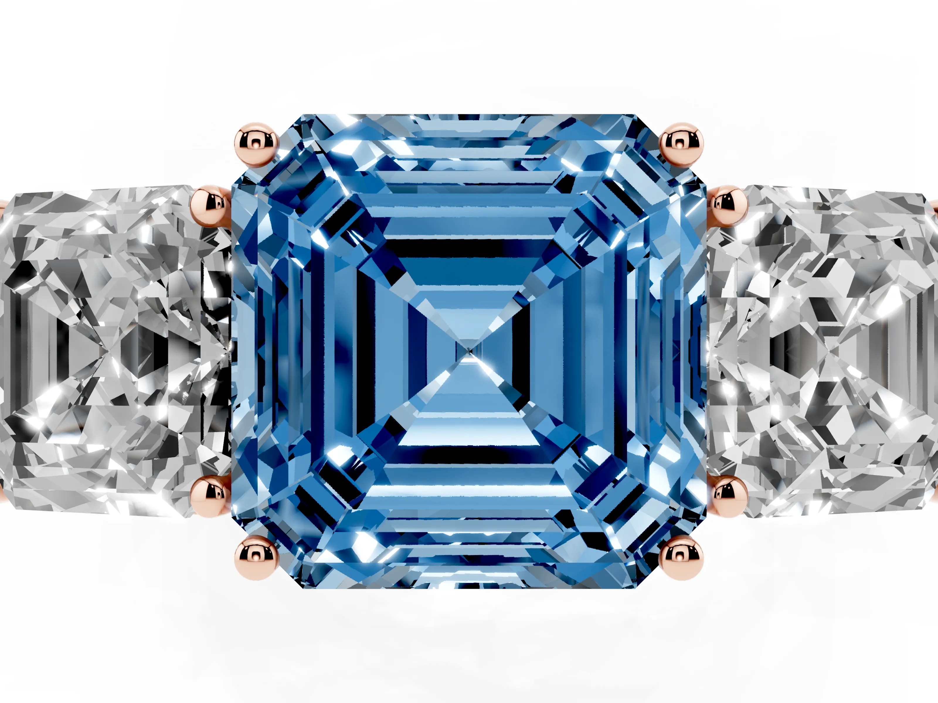 Fancy Blue Asscher Cut Diamond Three-Stone Ring Set in Rose gold with Textured Band