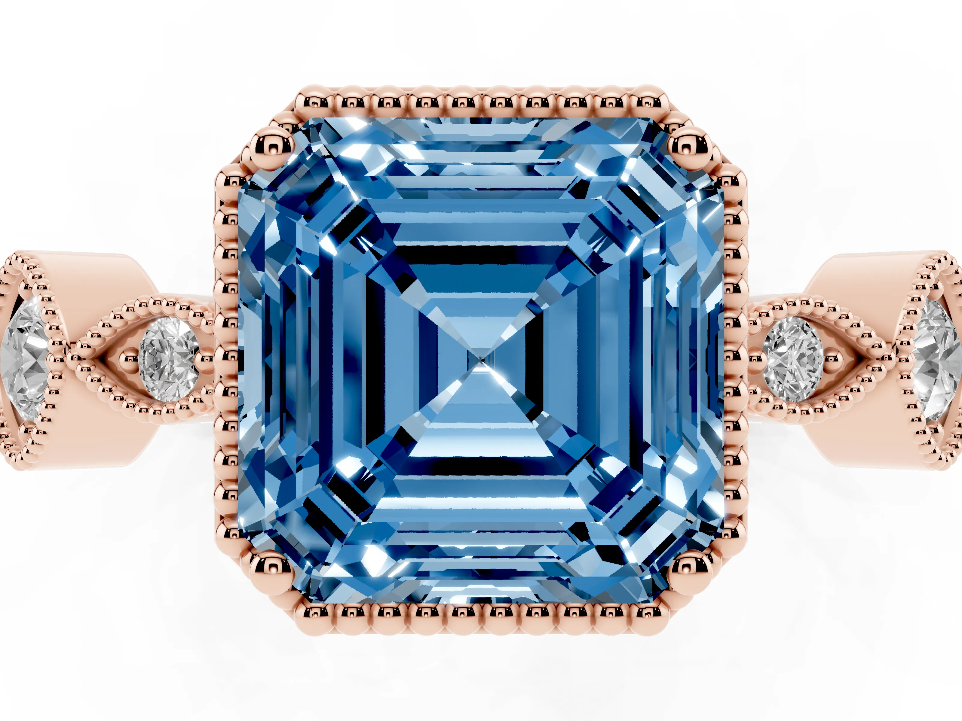 Fancy Blue Asscher Cut Diamond Vintage-Inspired Milgrain Ring Set in Rose gold with Marquise Stations of Round Accents