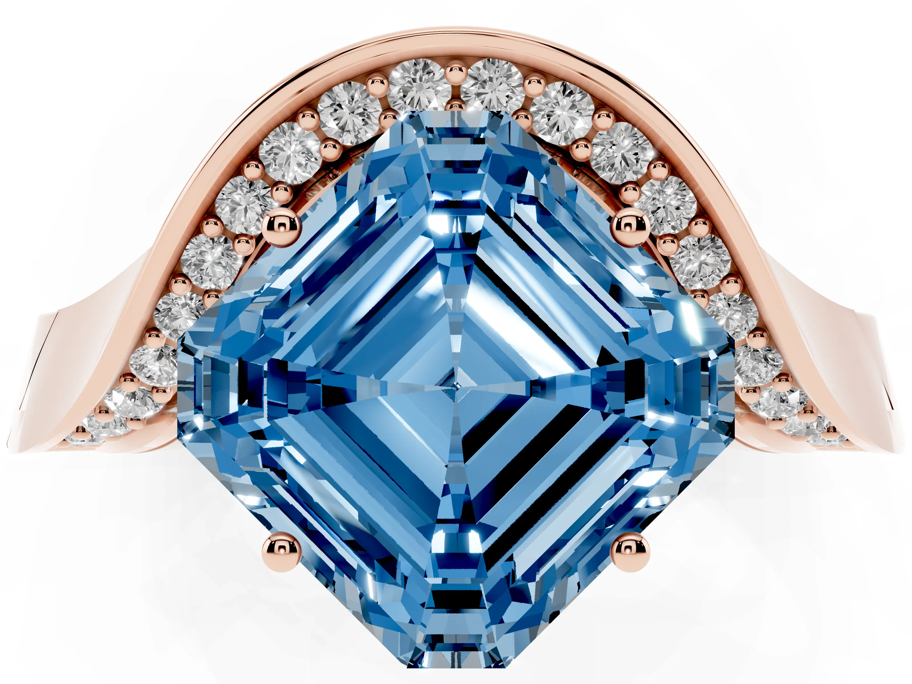 Fancy Blue Asscher Cut Diamond Solitaire Engagement Ring Set in Rose gold with Pavé Shoulders