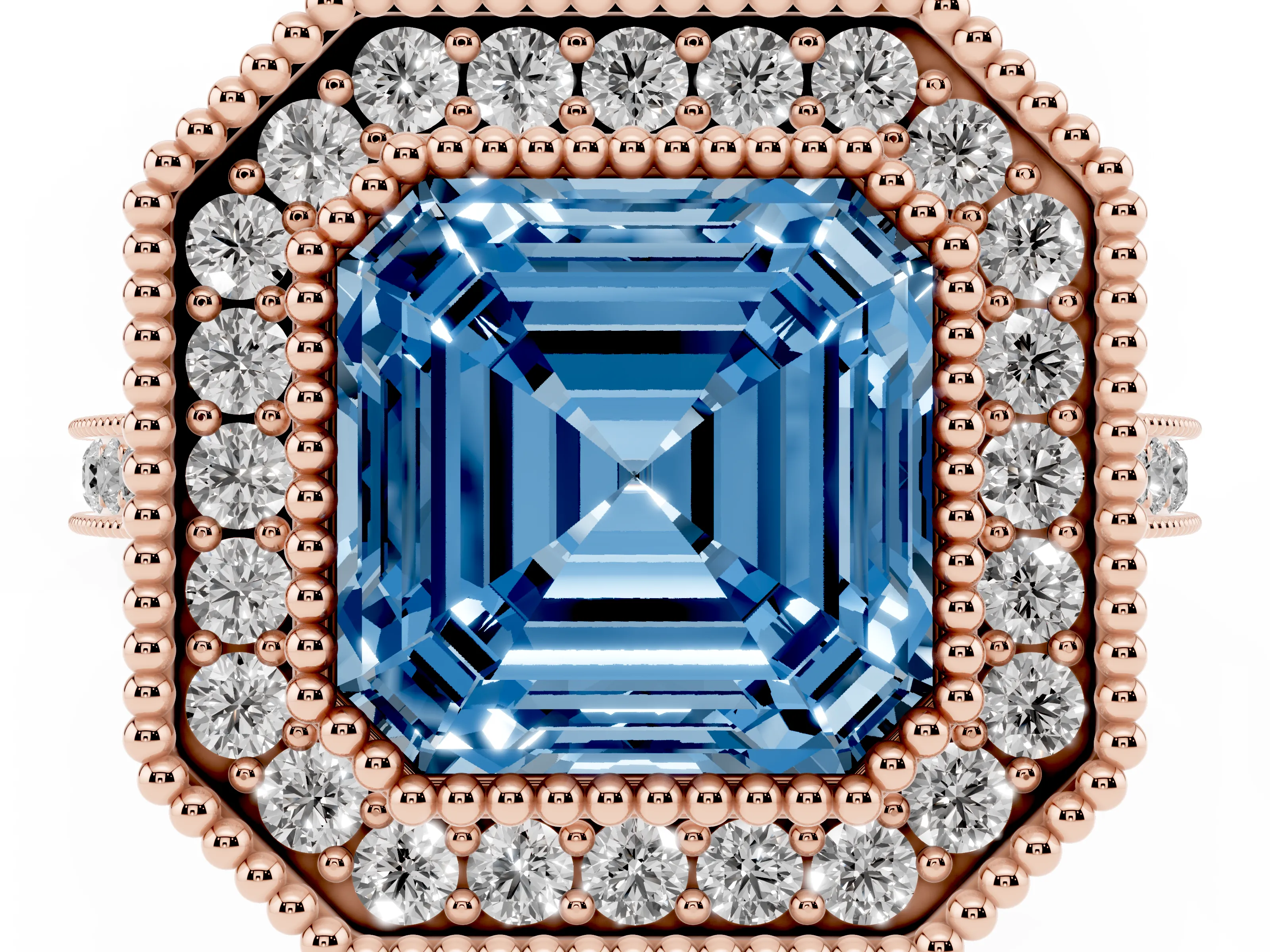 Fancy Blue Asscher Cut Diamond Halo Ring Set in Rose gold with Milgrain Frame and Pavé Band