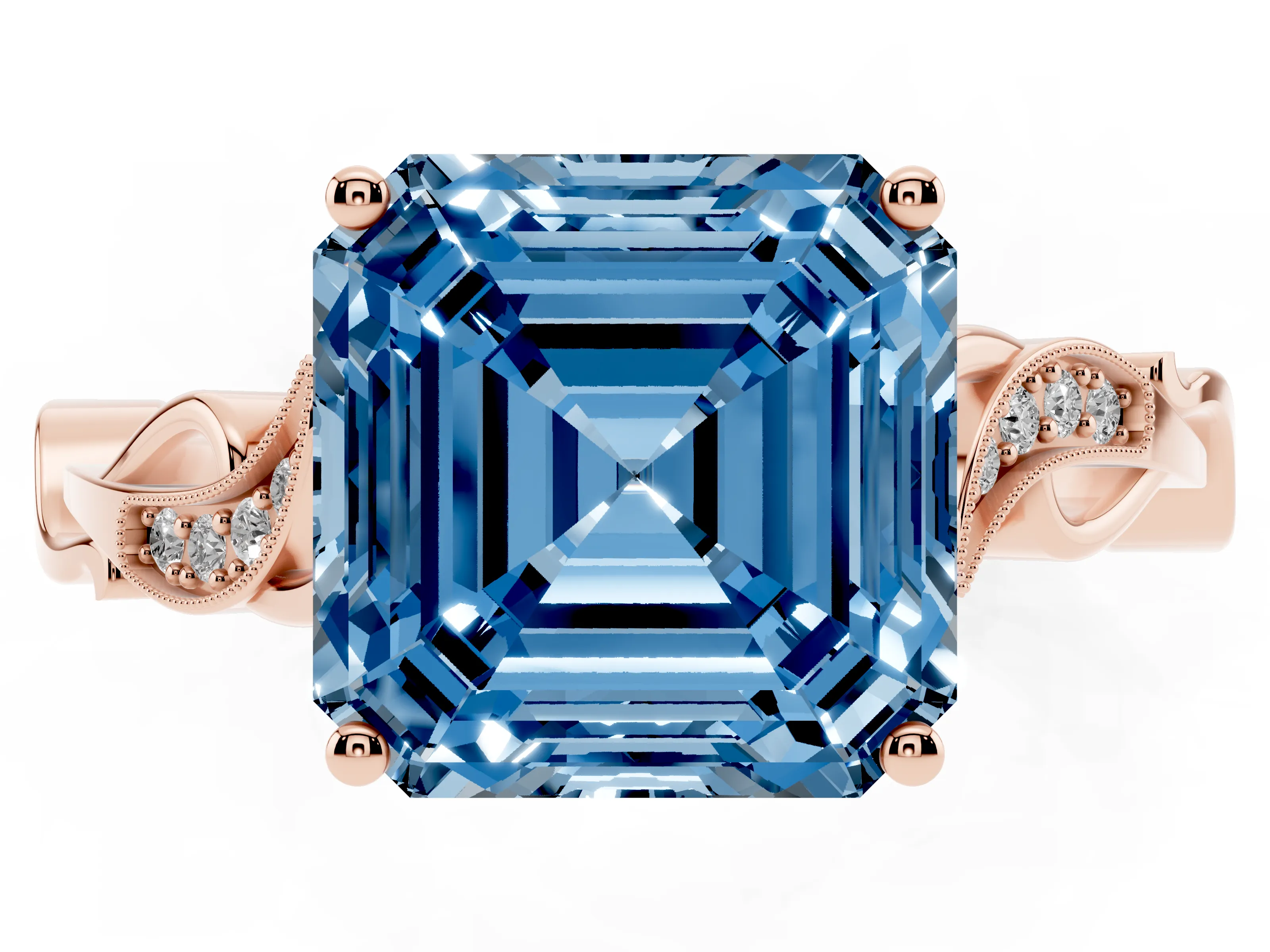 Fancy Blue Asscher Cut Diamond Vine Band Solitaire Ring Set in Rose gold with Milgrain Prong Setting