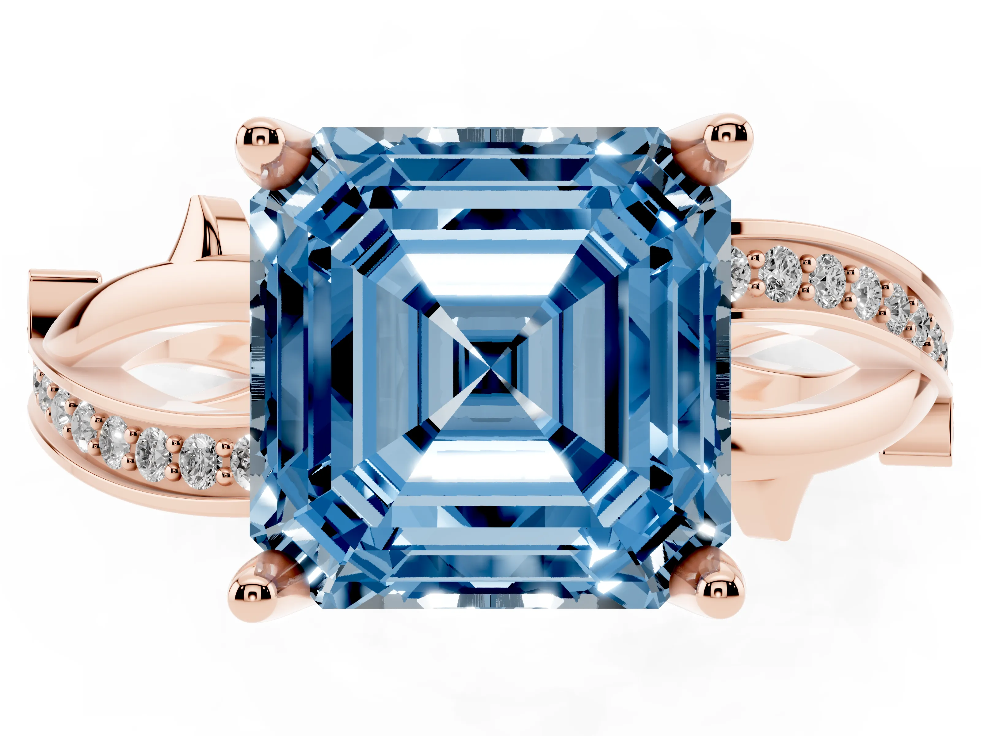 Fancy Blue Asscher Cut Diamond Pavé Twist Band Solitaire Ring Set in Rose gold with Prong Setting