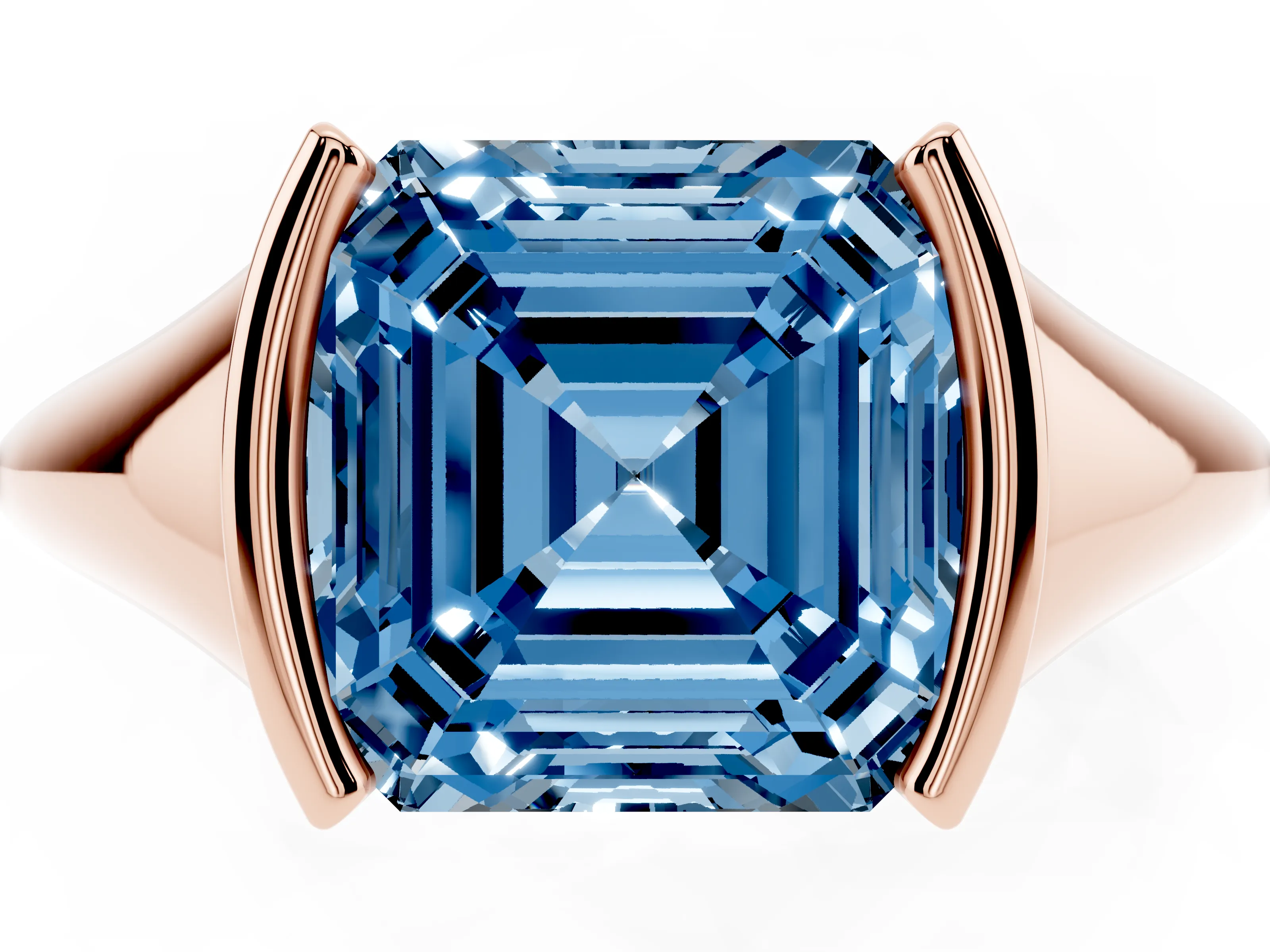Fancy Blue Asscher Cut Diamond Solitaire Tension Set Ring Set in Rose gold