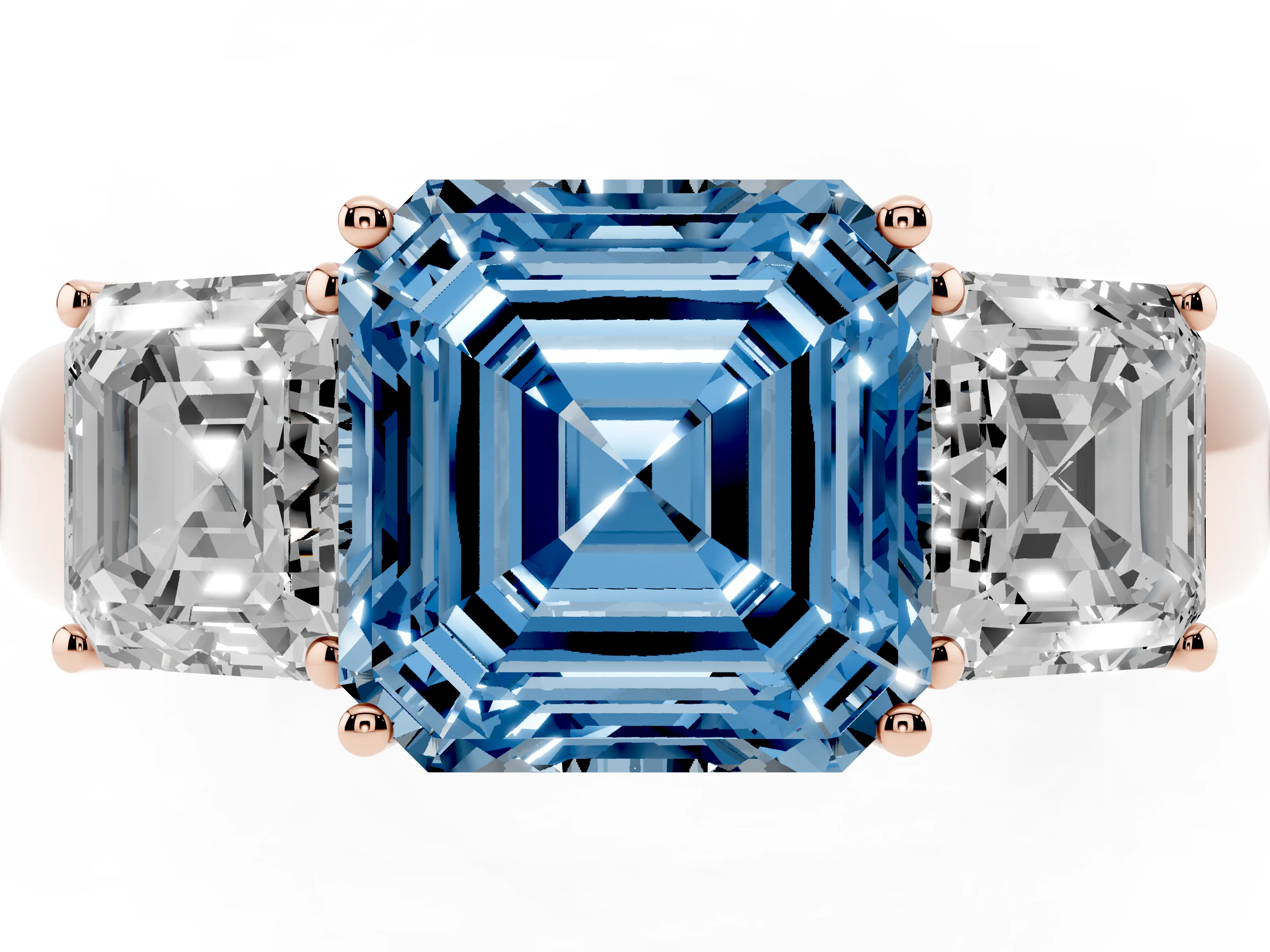 Fancy Blue Three-Stone Asscher Cut Diamond Ring Set in Rose gold with Matching Prong Settings and Plain Band