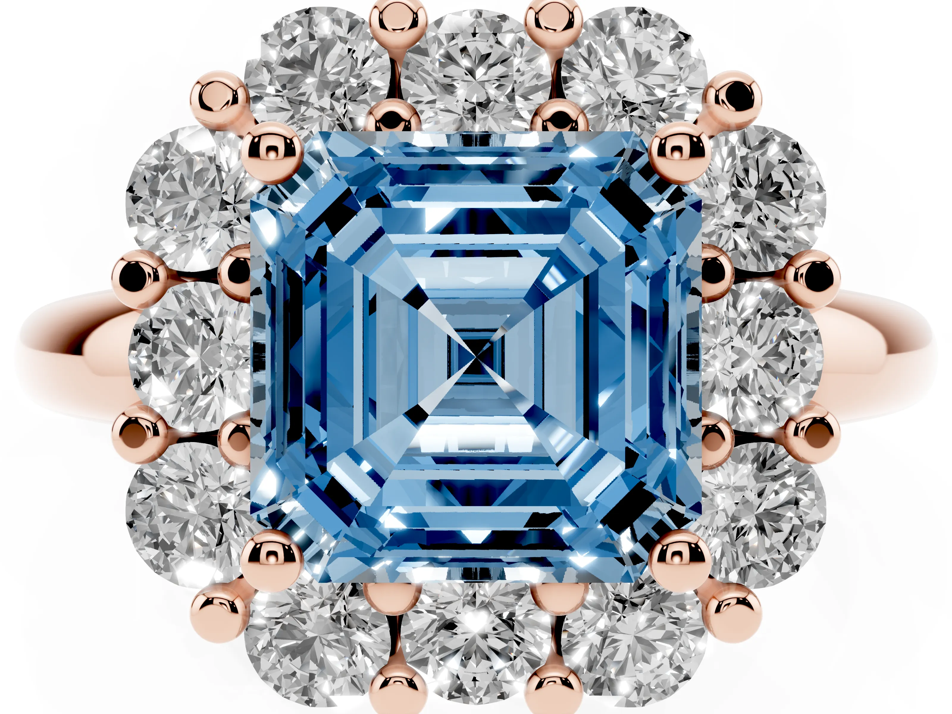 Fancy Blue Asscher Cut Diamond Halo Cluster Engagement Ring Set in Rose gold with Polished Band and Prong Setting