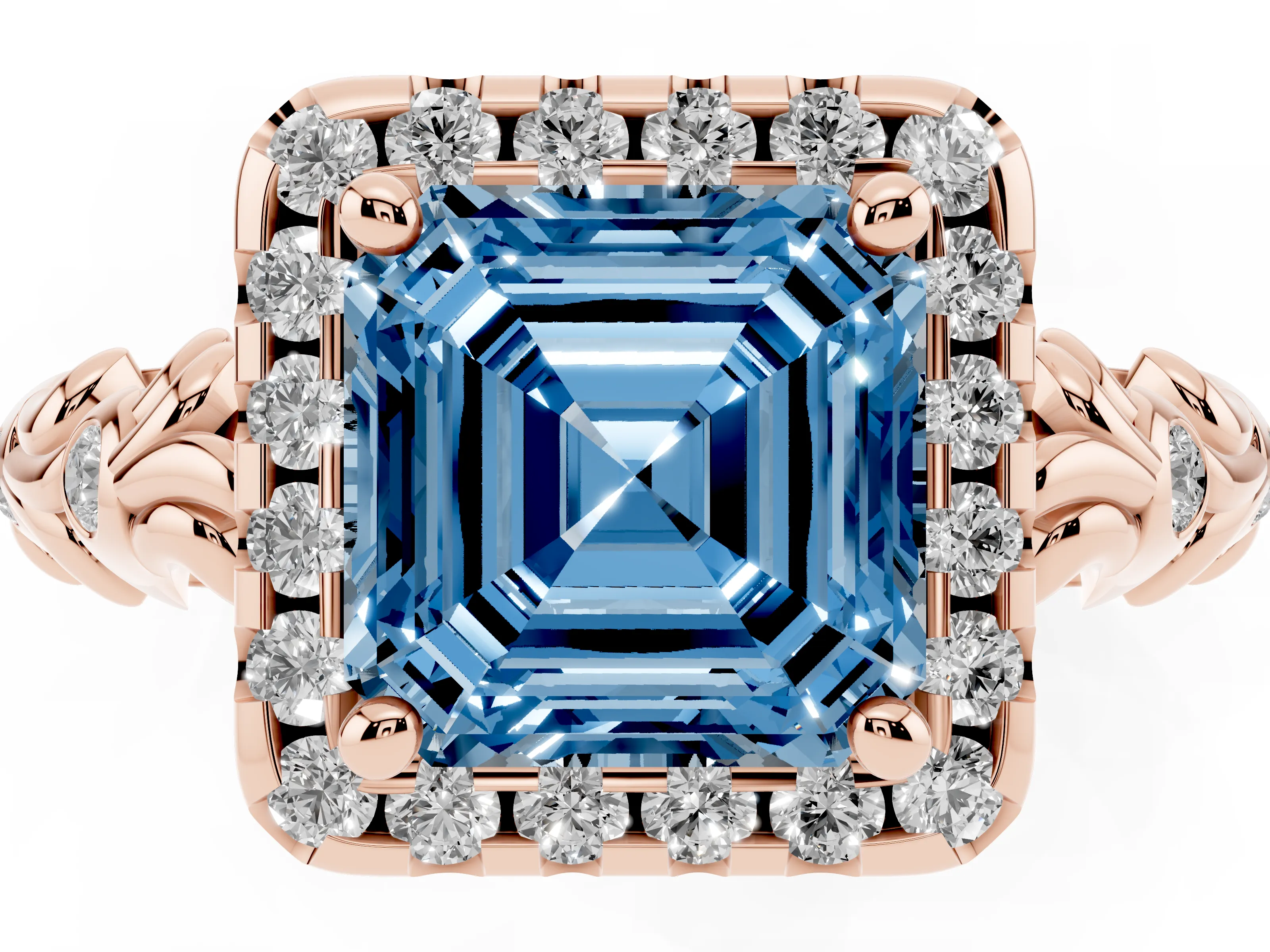Fancy Blue Asscher Cut Diamond Halo Ring Set in Rose gold with Filigree Leaf Band and Prong Setting