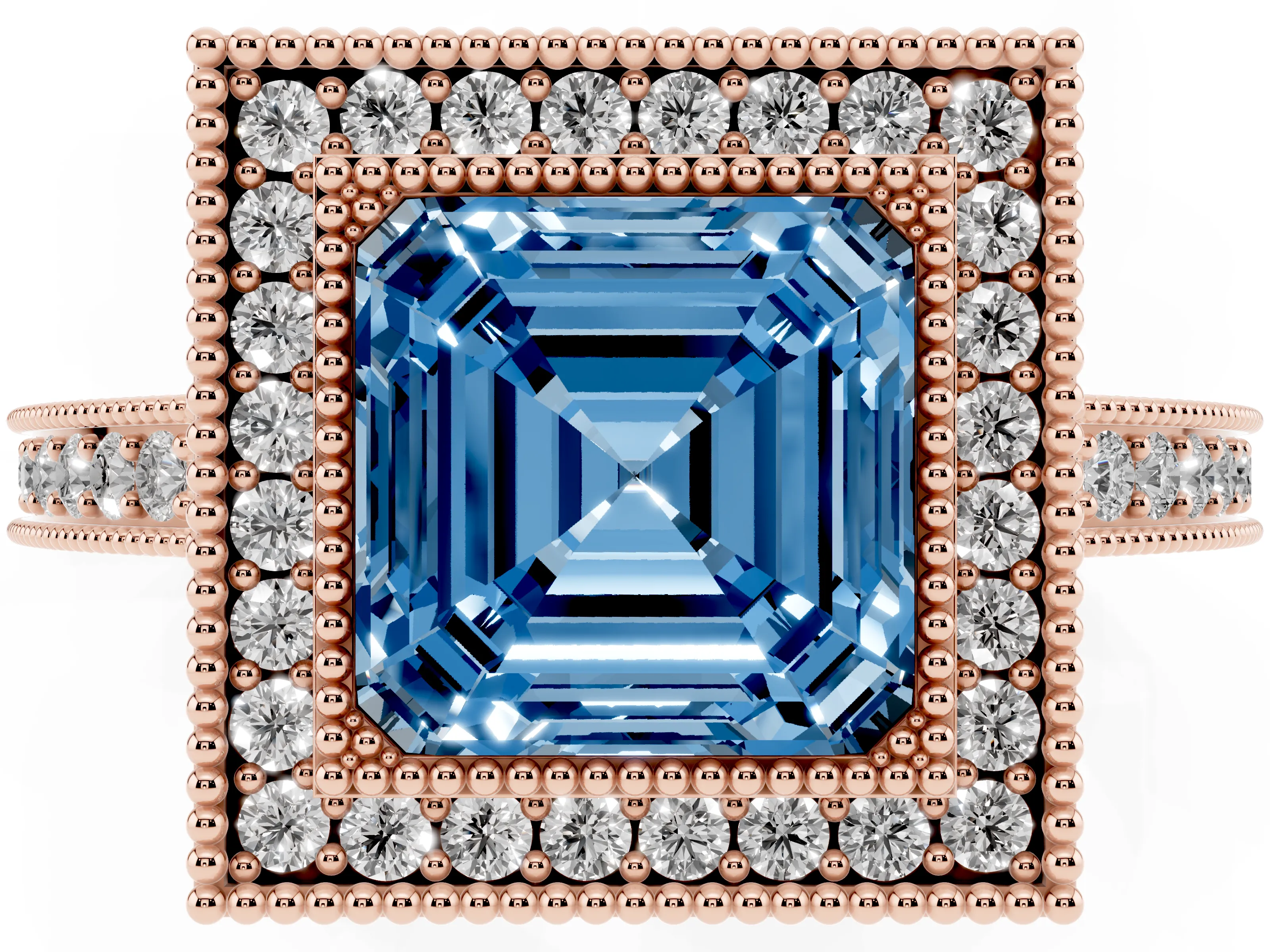 Fancy Blue Asscher Cut Diamond Round Halo Ring Set in Rose gold with Pavé Band