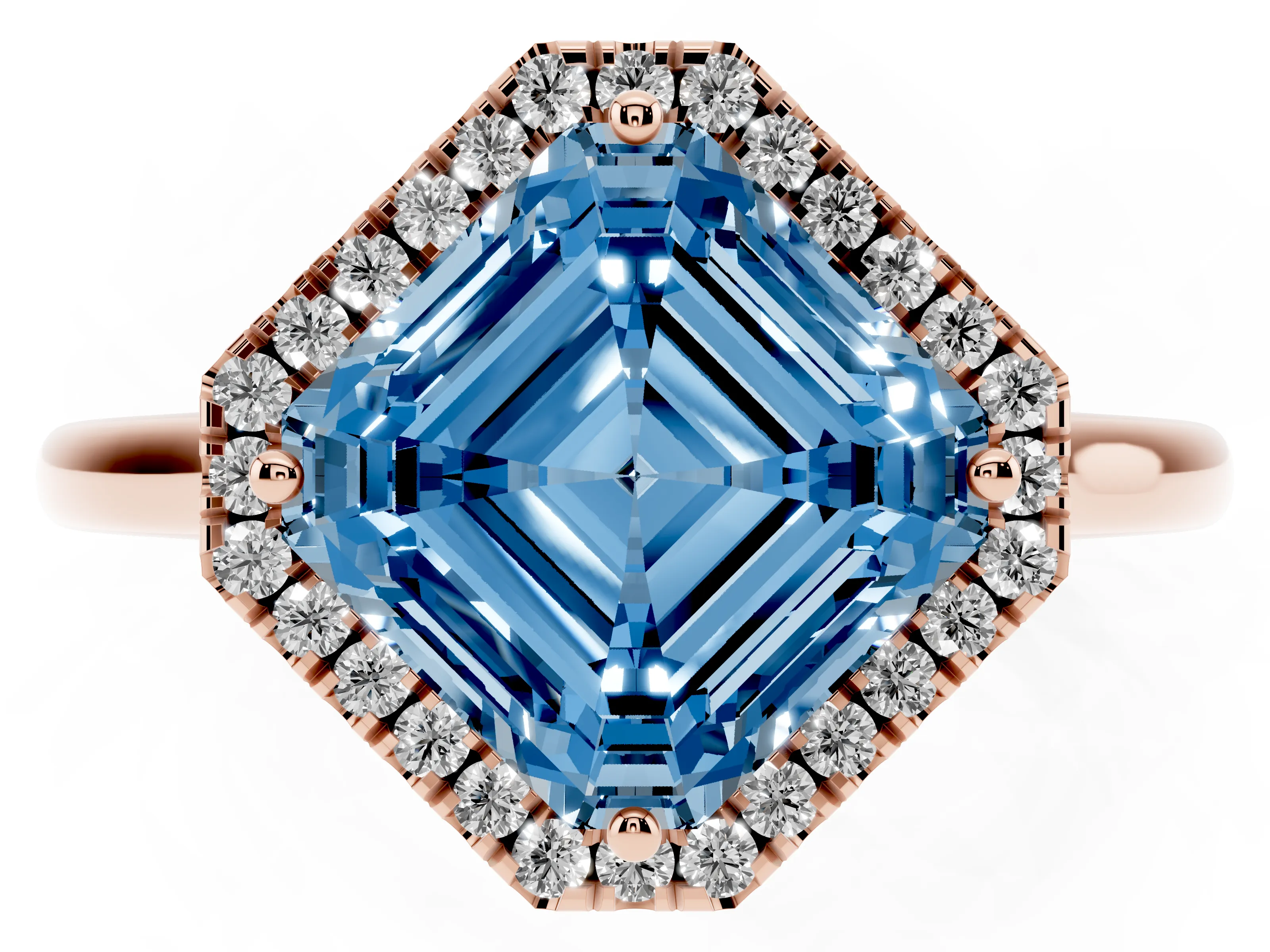 Fancy Blue Asscher Cut Diamond Halo Engagement Ring Set in Rose gold with Pavé Band and Rising Shoulders