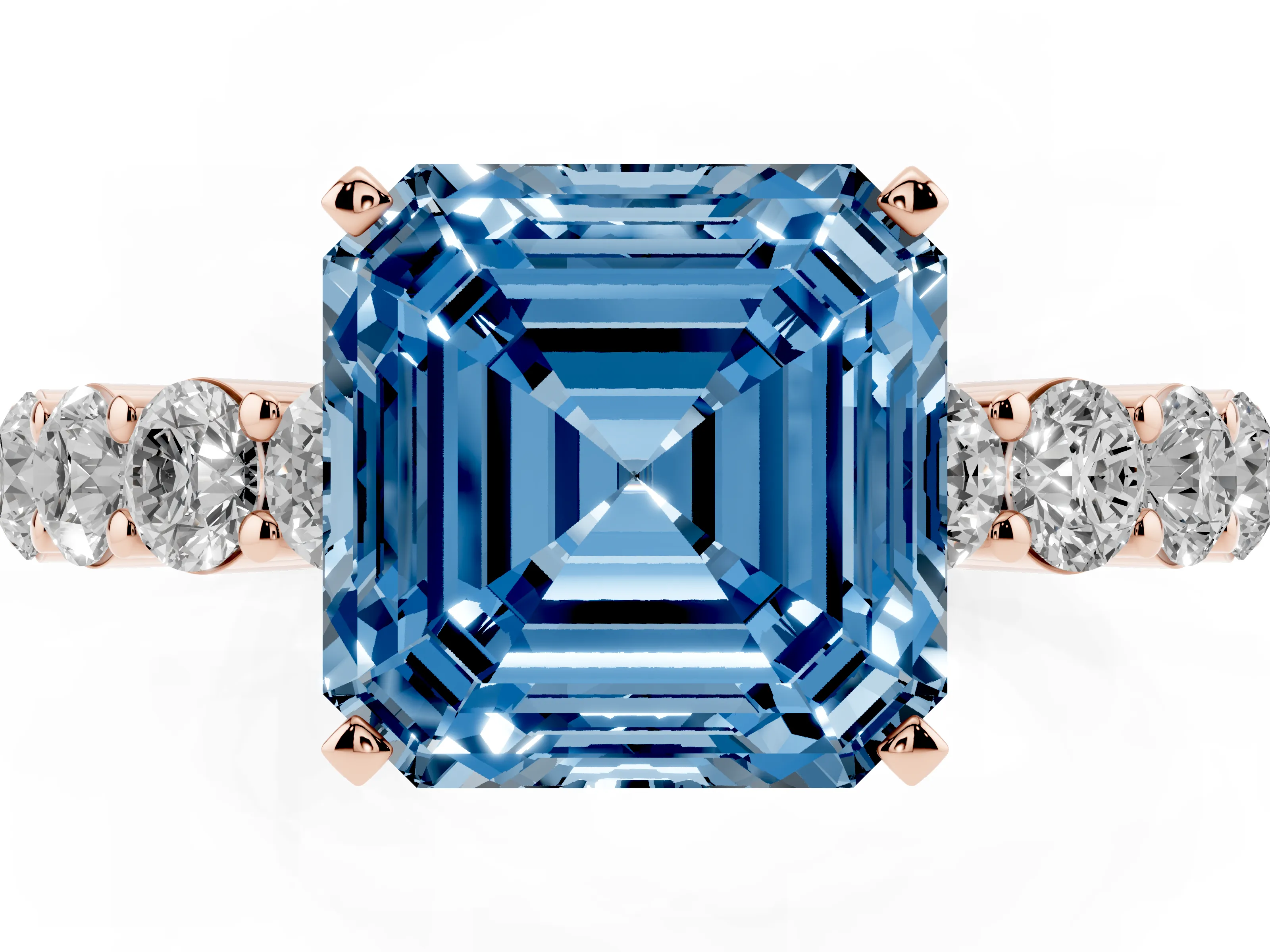 Fancy Blue Asscher Cut Diamond Solitaire Ring Set in Rose gold with Shared Prong Round Side Stones