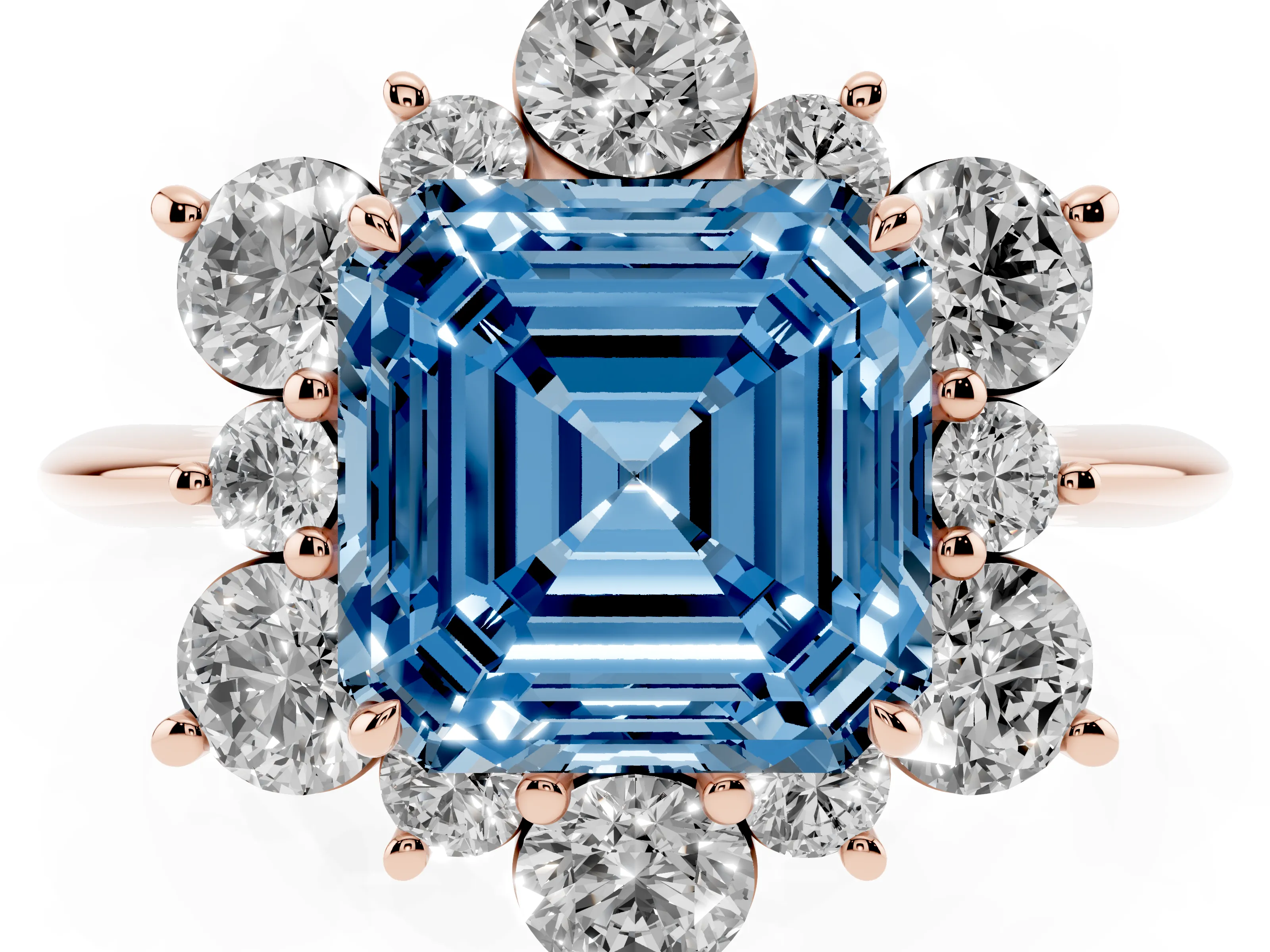 Fancy Blue Asscher Cut Diamond Cluster Halo Ring Set in Rose gold with Solitaire Band and Prong Setting