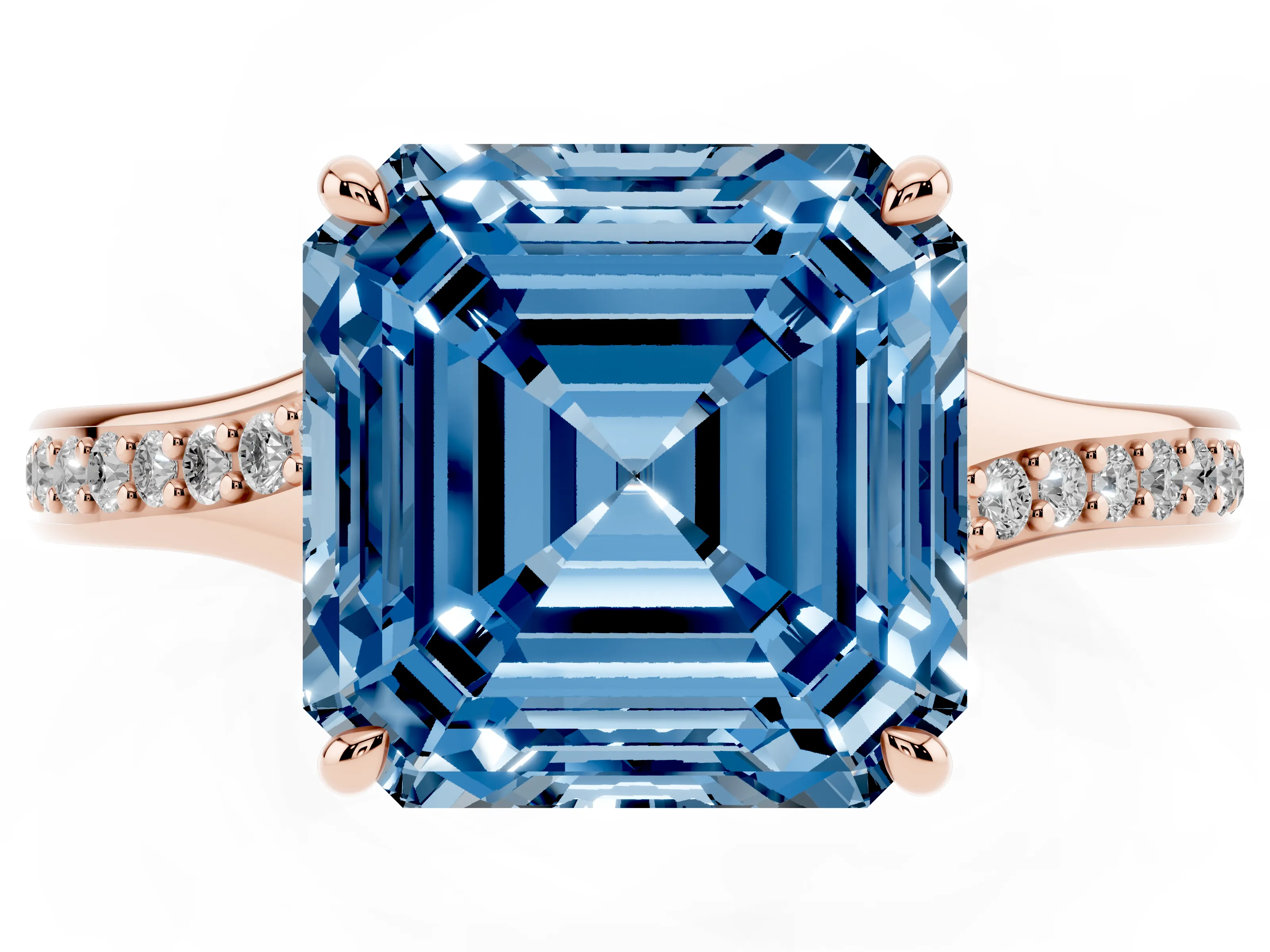 Fancy Blue Asscher Cut Diamond Solitaire Ring Set in Rose gold with Pavé Accent Band and Classic Prong Setting