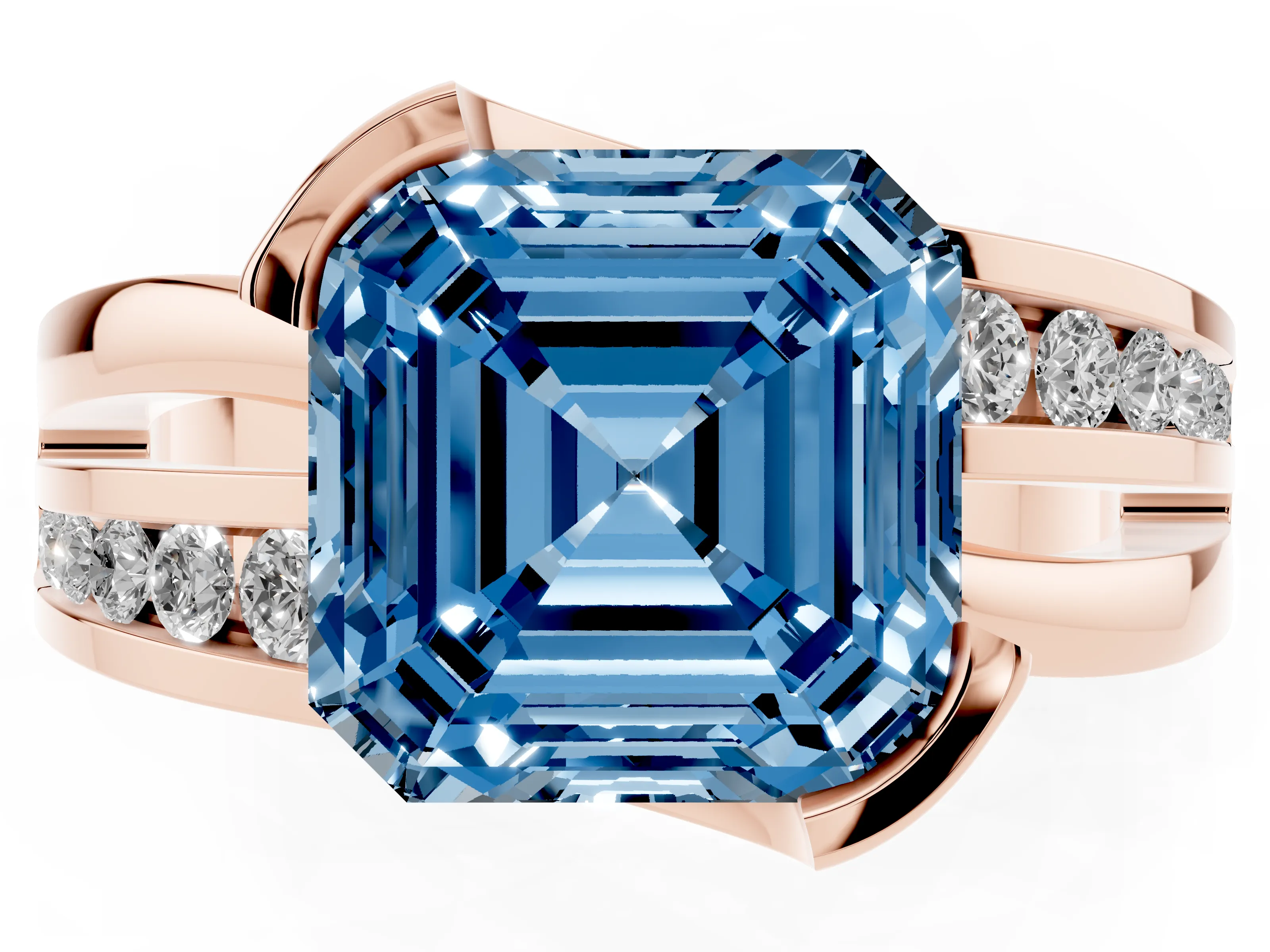 Fancy Blue Asscher Cut Diamond Solitaire Ring Set in Rose gold with Channel Set Split Shank and Tension Prongs
