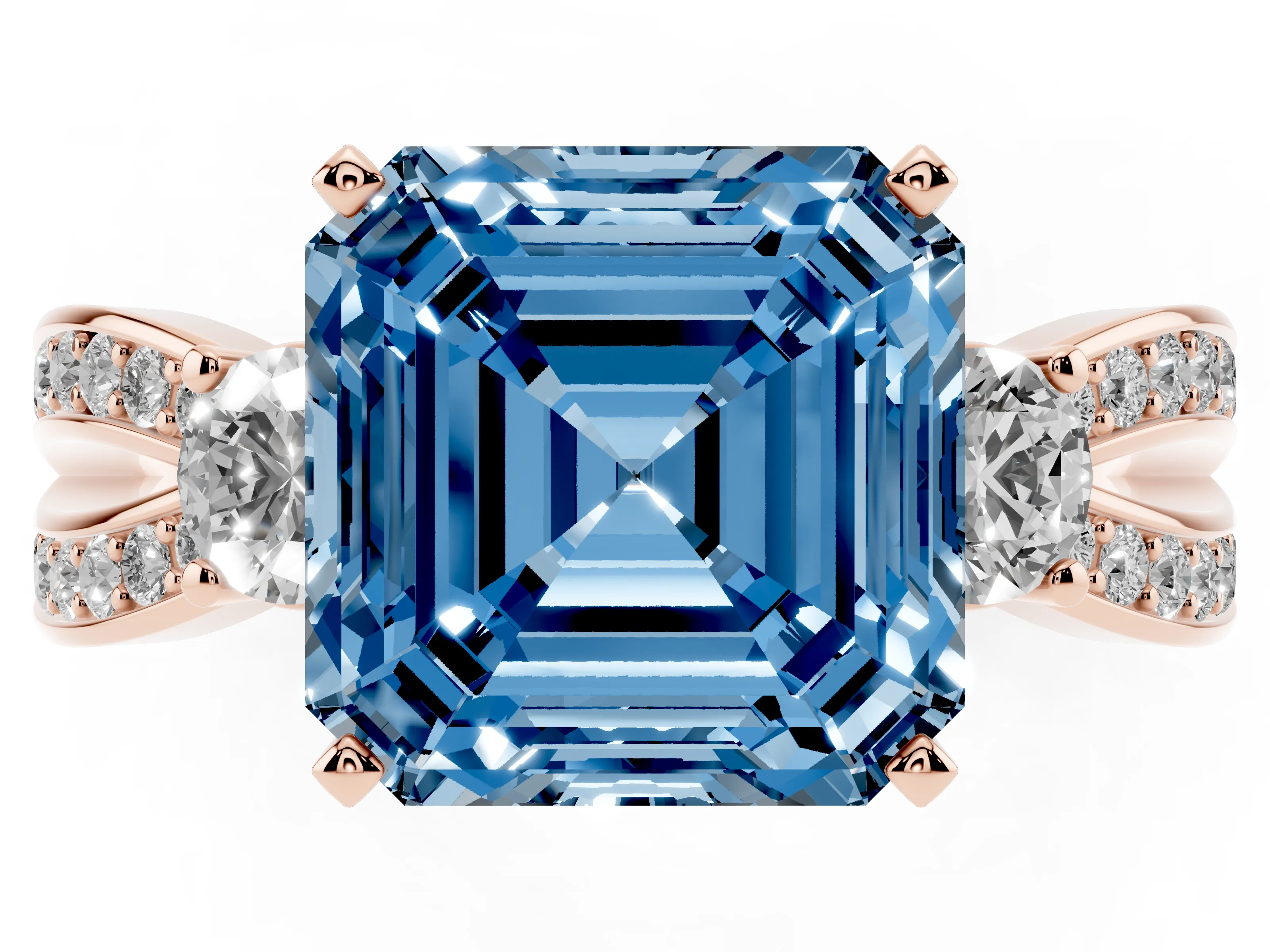 Fancy Blue Three-Stone Asscher Cut Diamond Twist Band Ring Set in Rose gold with Pavé Accents and Prong Setting