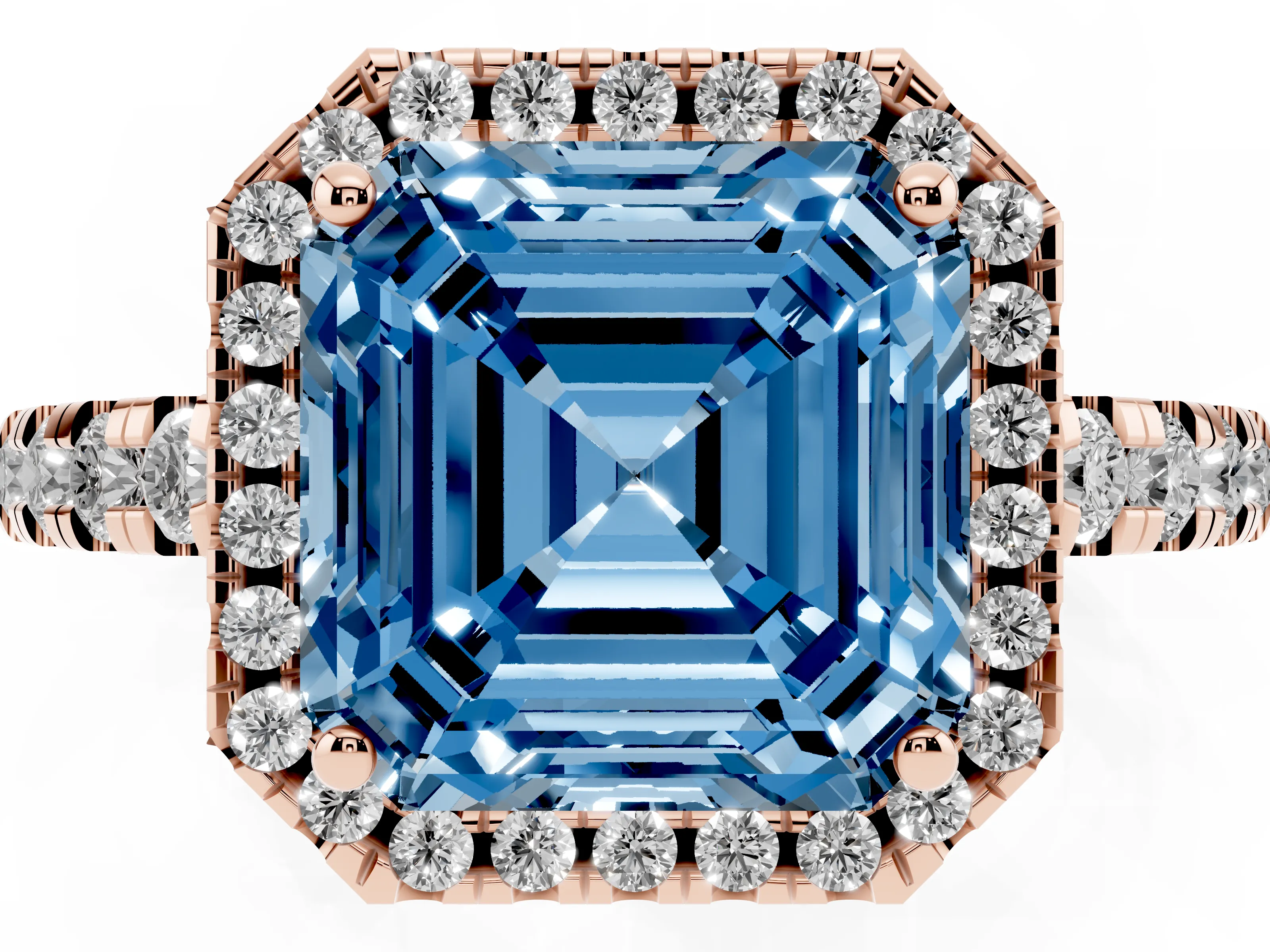 Fancy Blue Asscher Cut Diamond Halo Ring Set in Rose gold with Delicate Pavé Band and Prong Setting