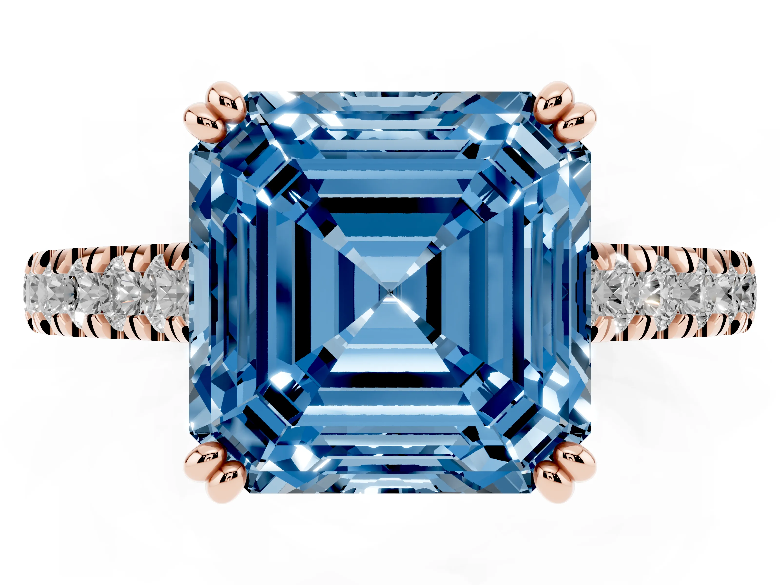 Fancy Blue Asscher Cut Diamond Solitaire Engagement Ring Set in Rose gold with Pavé Accents and Prong Setting