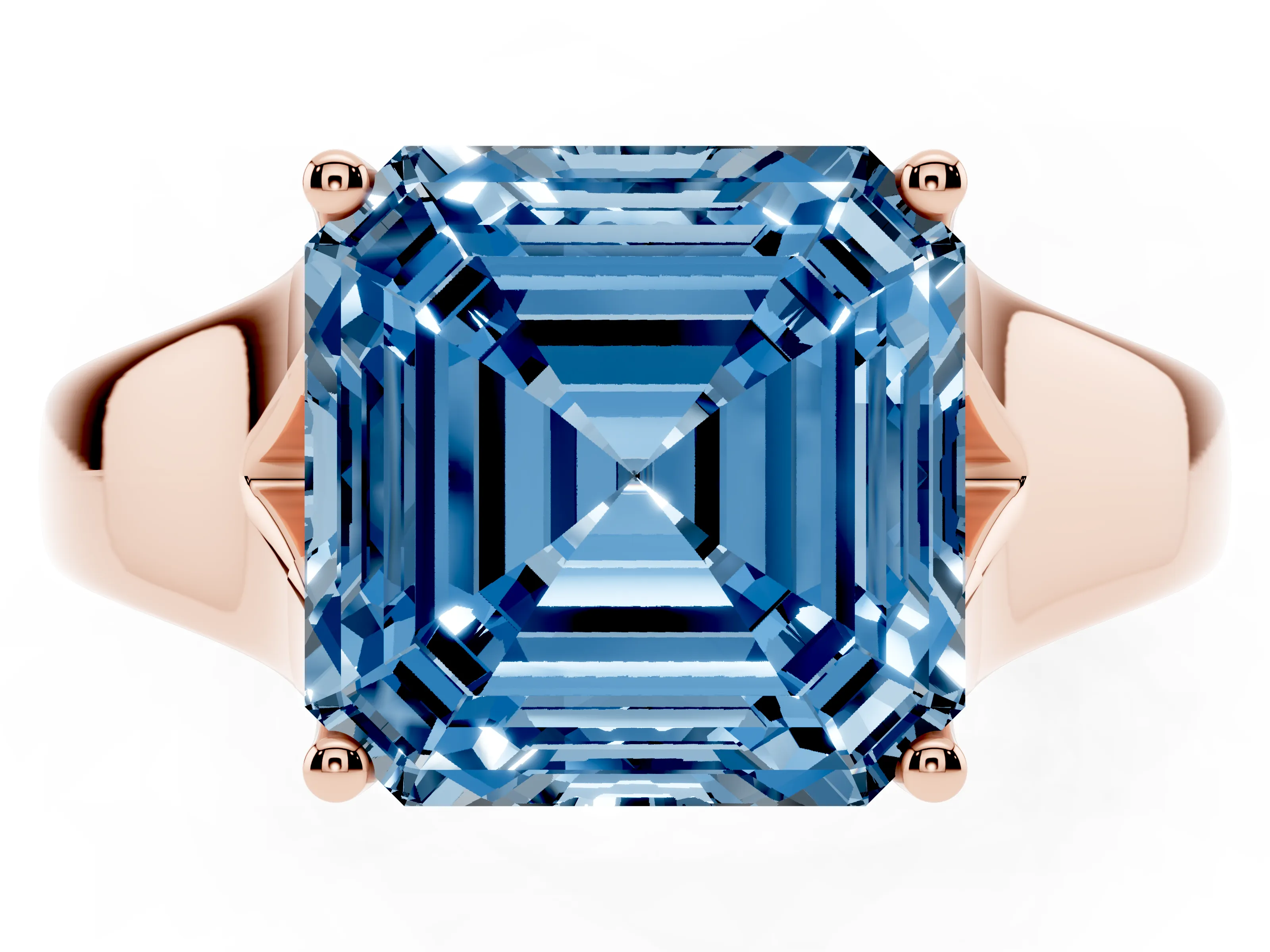 Fancy Blue Asscher Cut Diamond Solitaire Ring Set in Rose gold with Arched Cathedral Band and Prong Setting