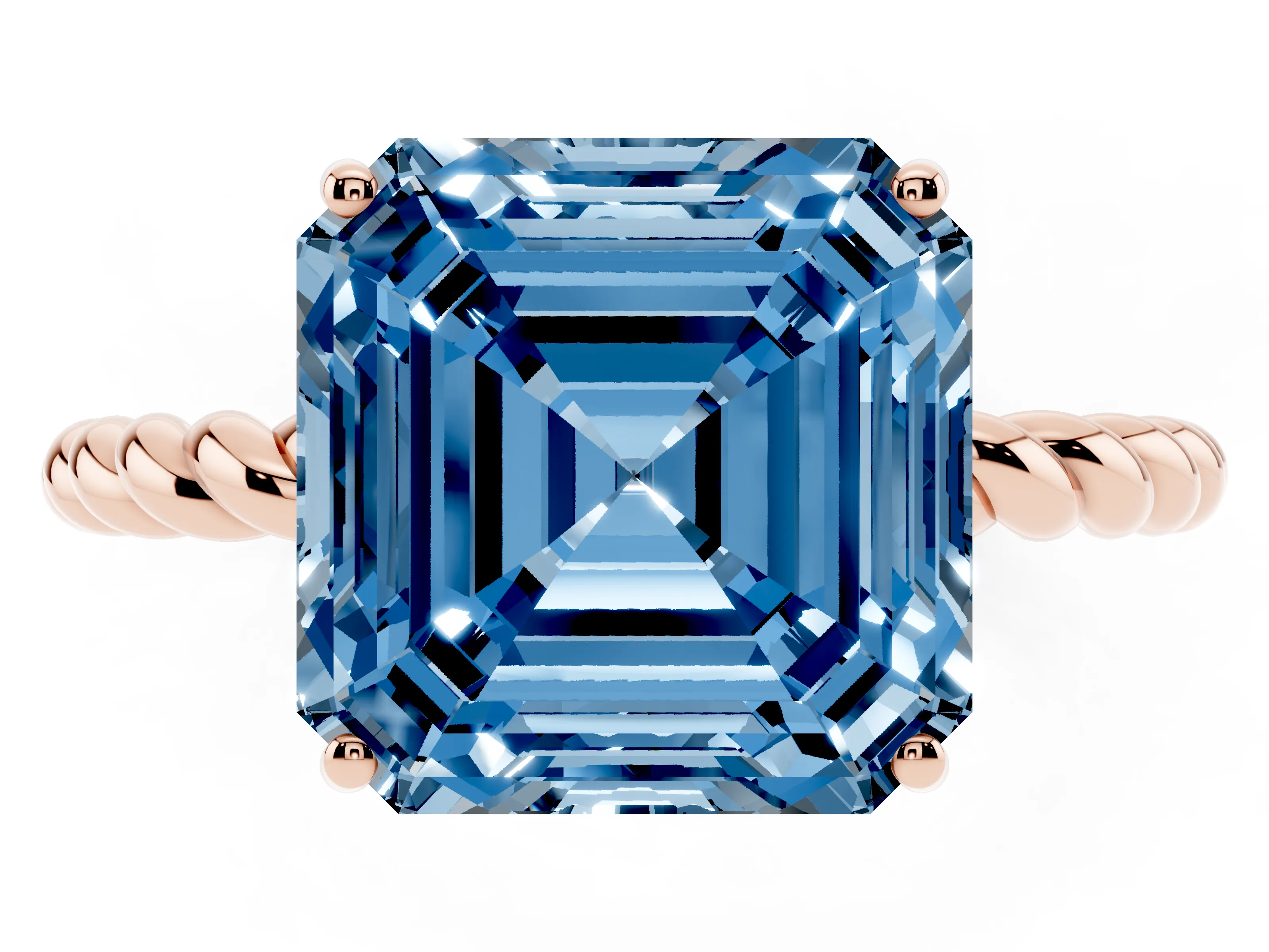 Fancy Blue Asscher Cut Diamond Solitaire Ring Set in Rose gold with Twist Band and Prong Setting