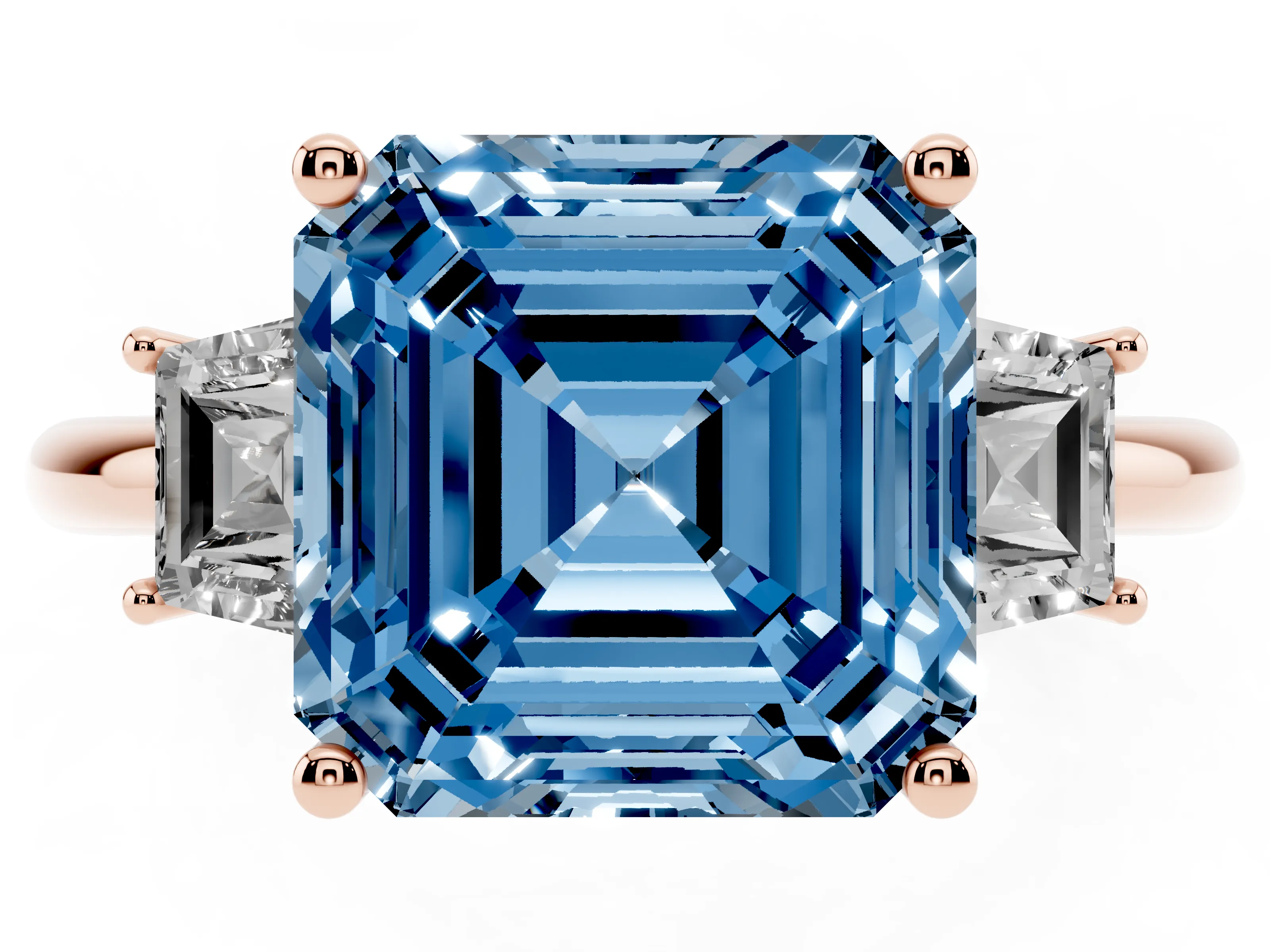 Fancy Blue Asscher Cut Diamond Three-Stone Ring Set in Rose gold with Trapezoid Side Stones and Prong Setting