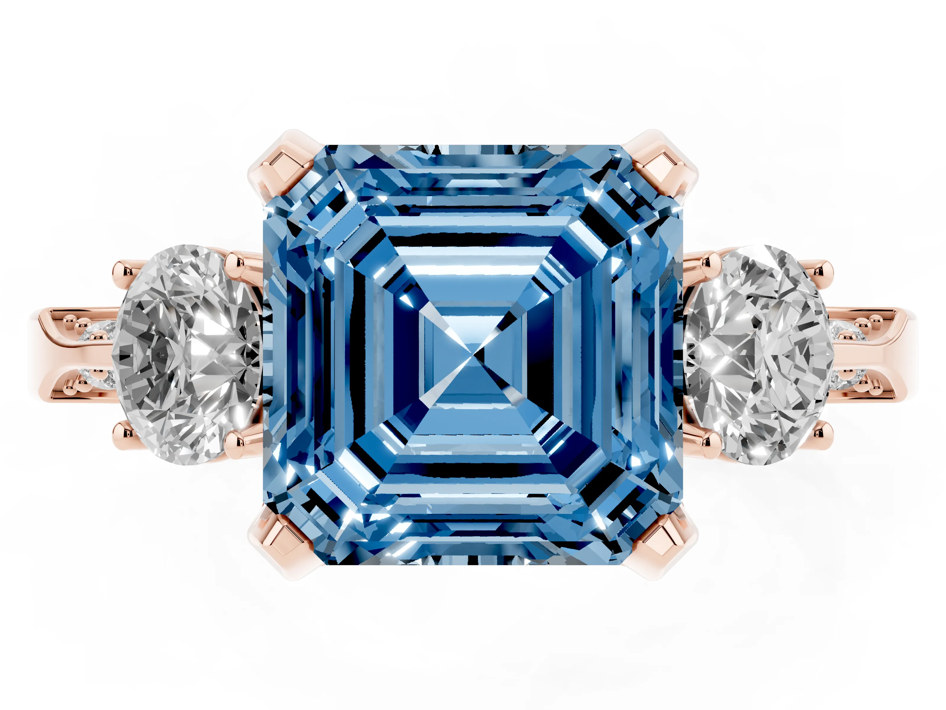 Fancy Blue Asscher Cut Diamond Three-Stone Ring Set in Rose gold with Pavé Band and Smaller Side Stones