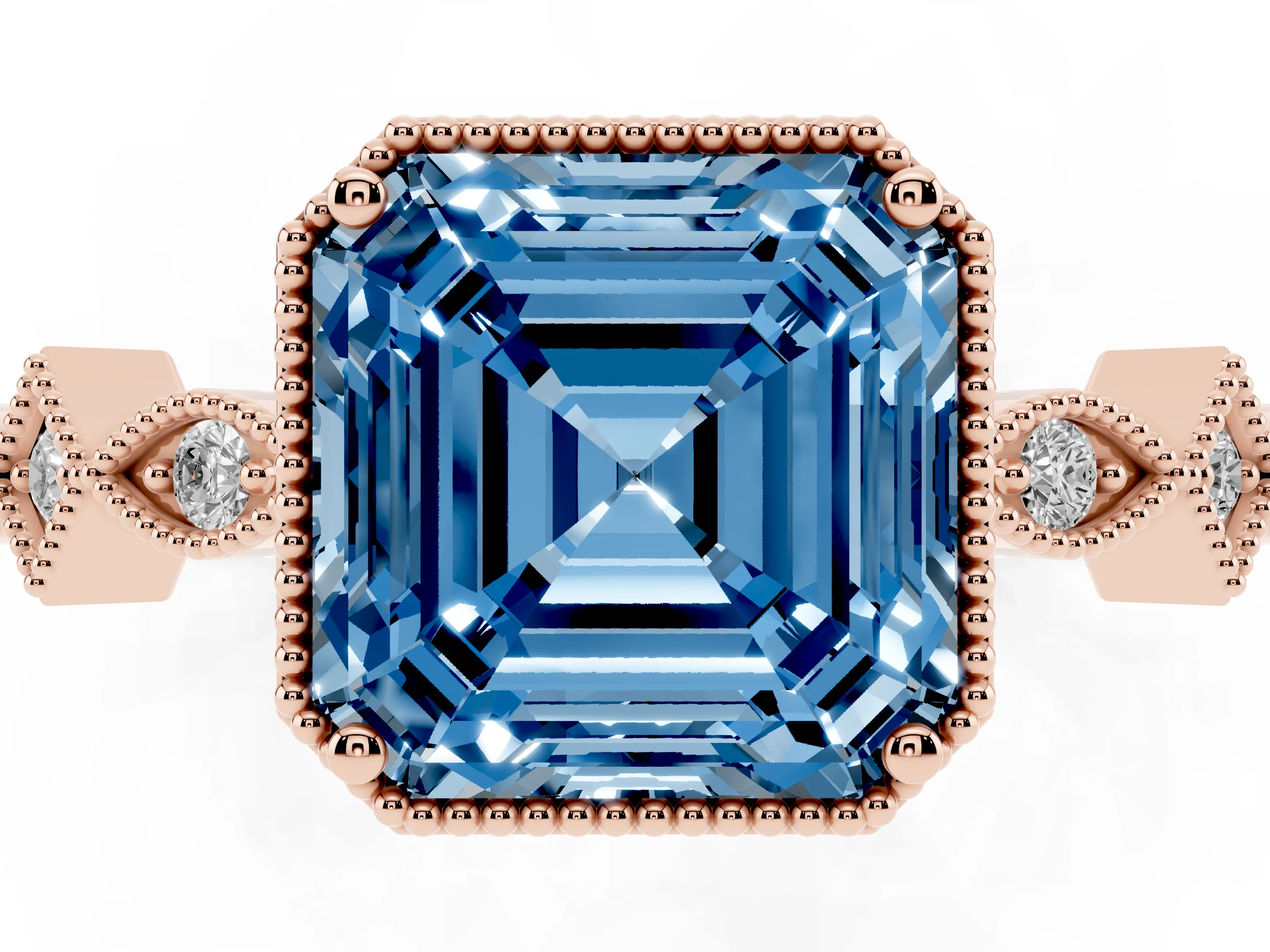 Fancy Blue Asscher Cut Diamond Milgrain Marquise Twist Band Ring Set in Rose gold with Prong Setting