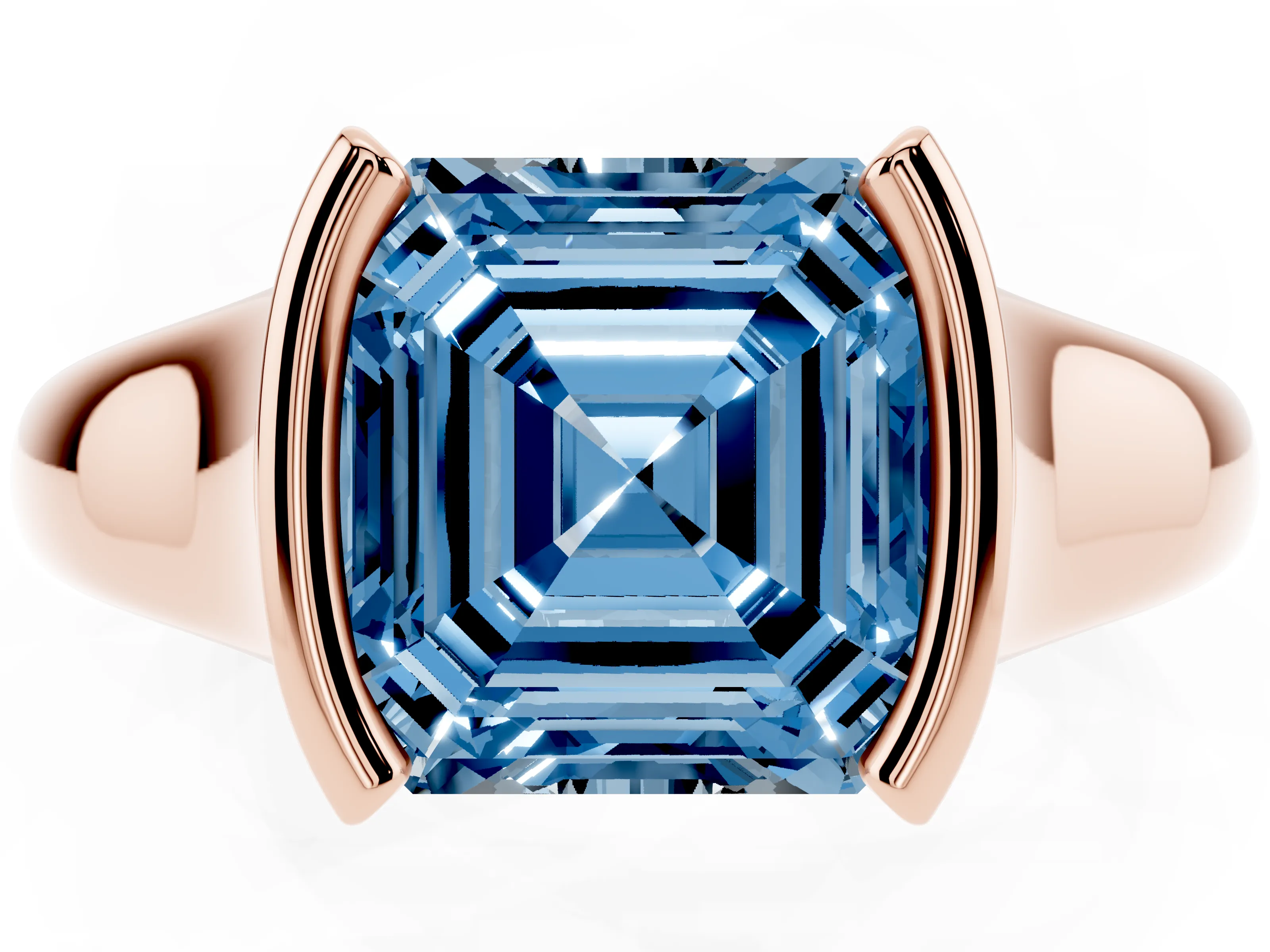 Fancy Blue Asscher Cut Diamond Solitaire Tension Set Ring Set in Rose gold with Split Shank Band