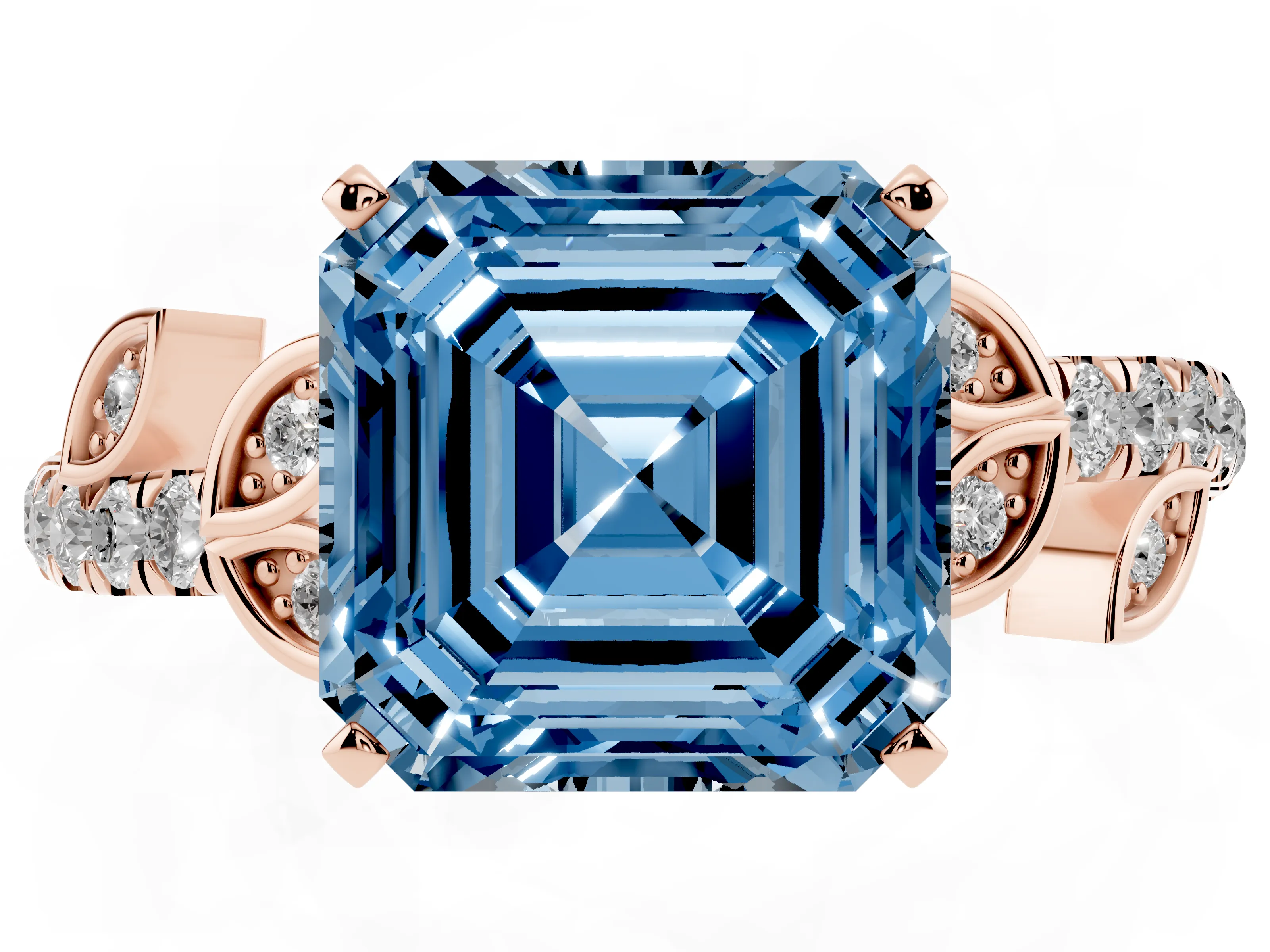 Fancy Blue Asscher Cut Diamond Solitaire Leaf-Inspired Ring Set in Rose gold with Pavé Band and Prong Setting