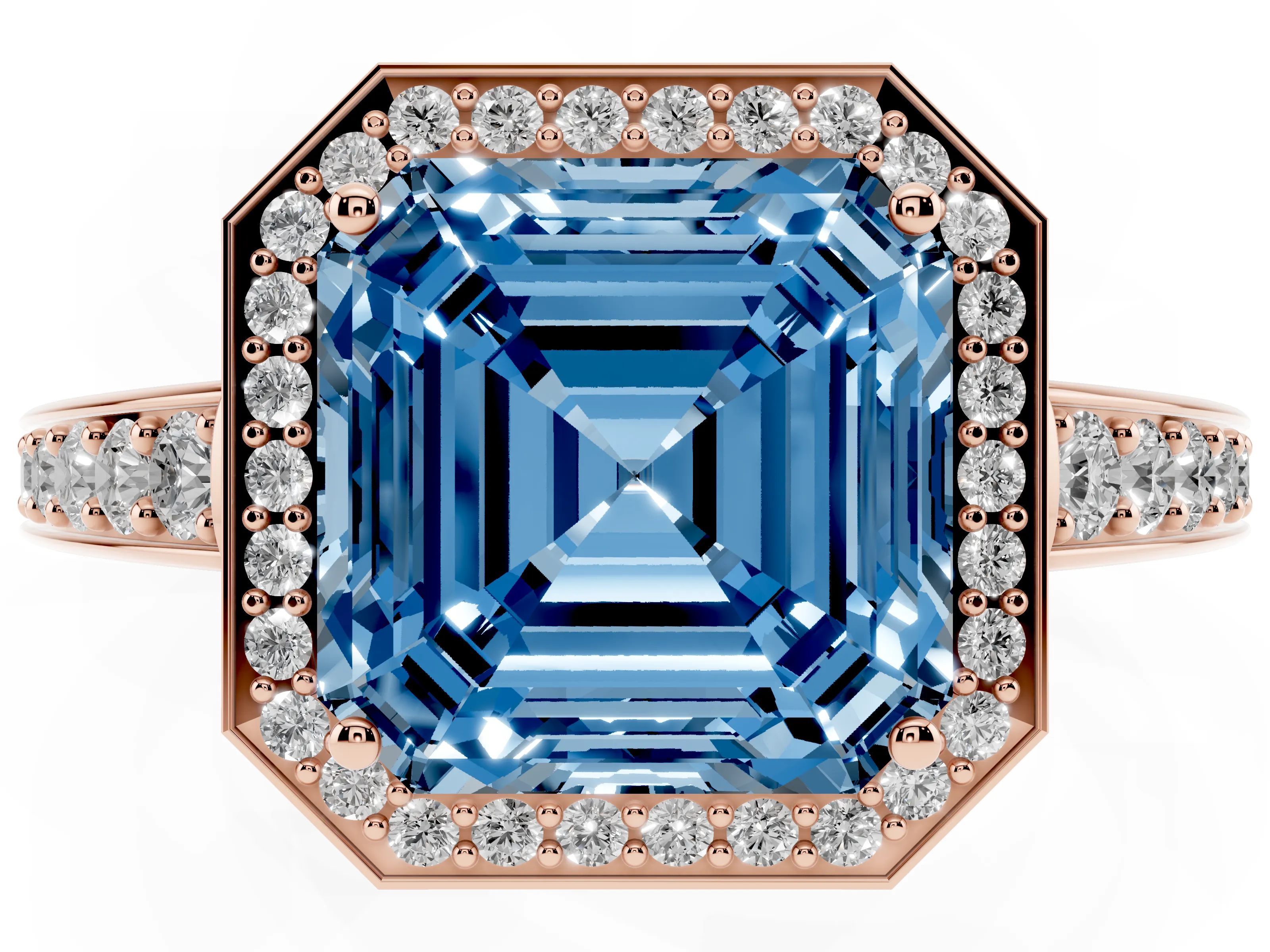 Fancy Blue Asscher Cut Diamond Halo Pavé Engagement Ring Set in Rose gold with Bezel Setting