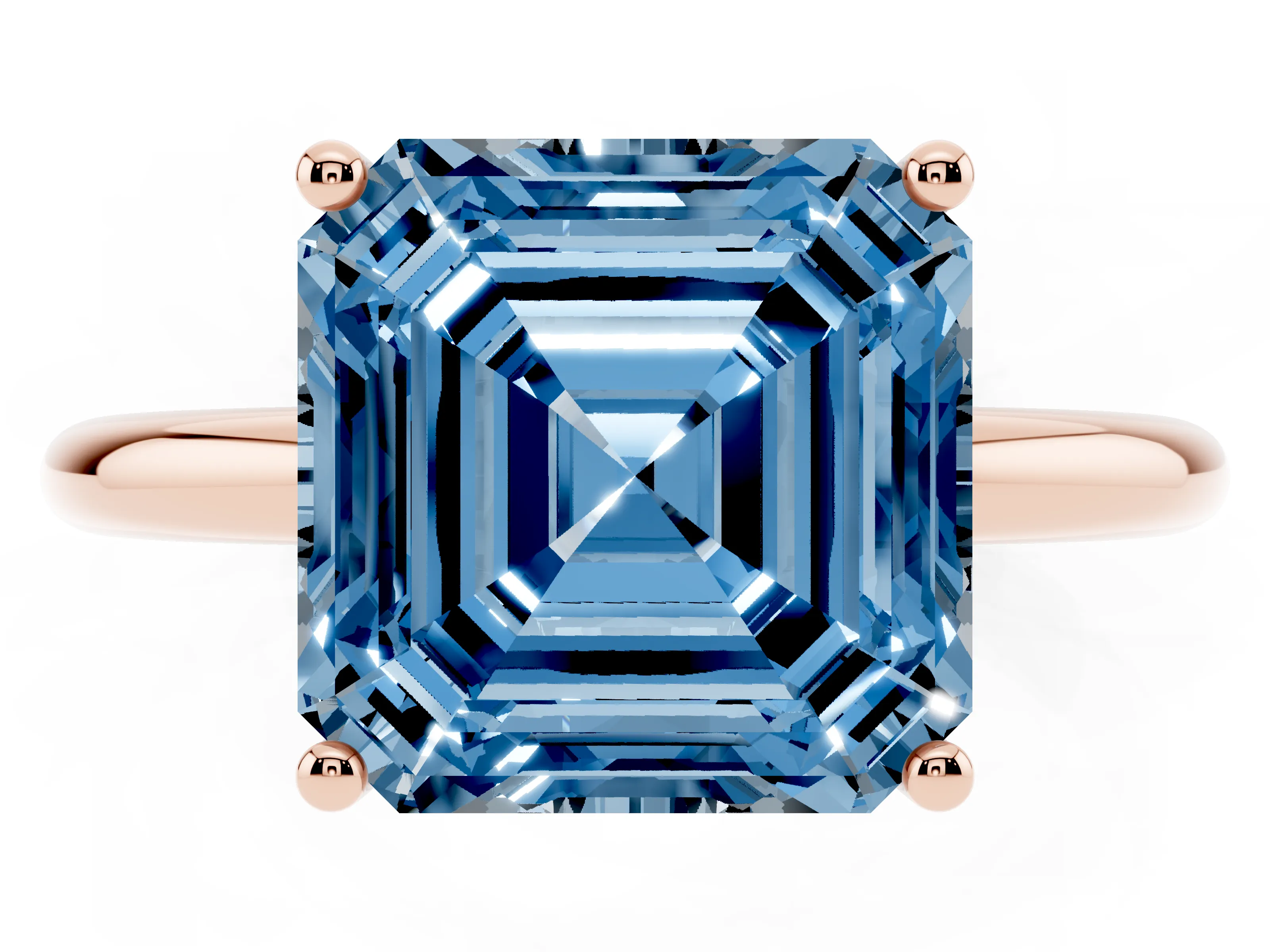 Fancy Blue Asscher Cut Diamond Solitaire Engagement Ring Set in Rose gold with Prong Setting and Polished Band