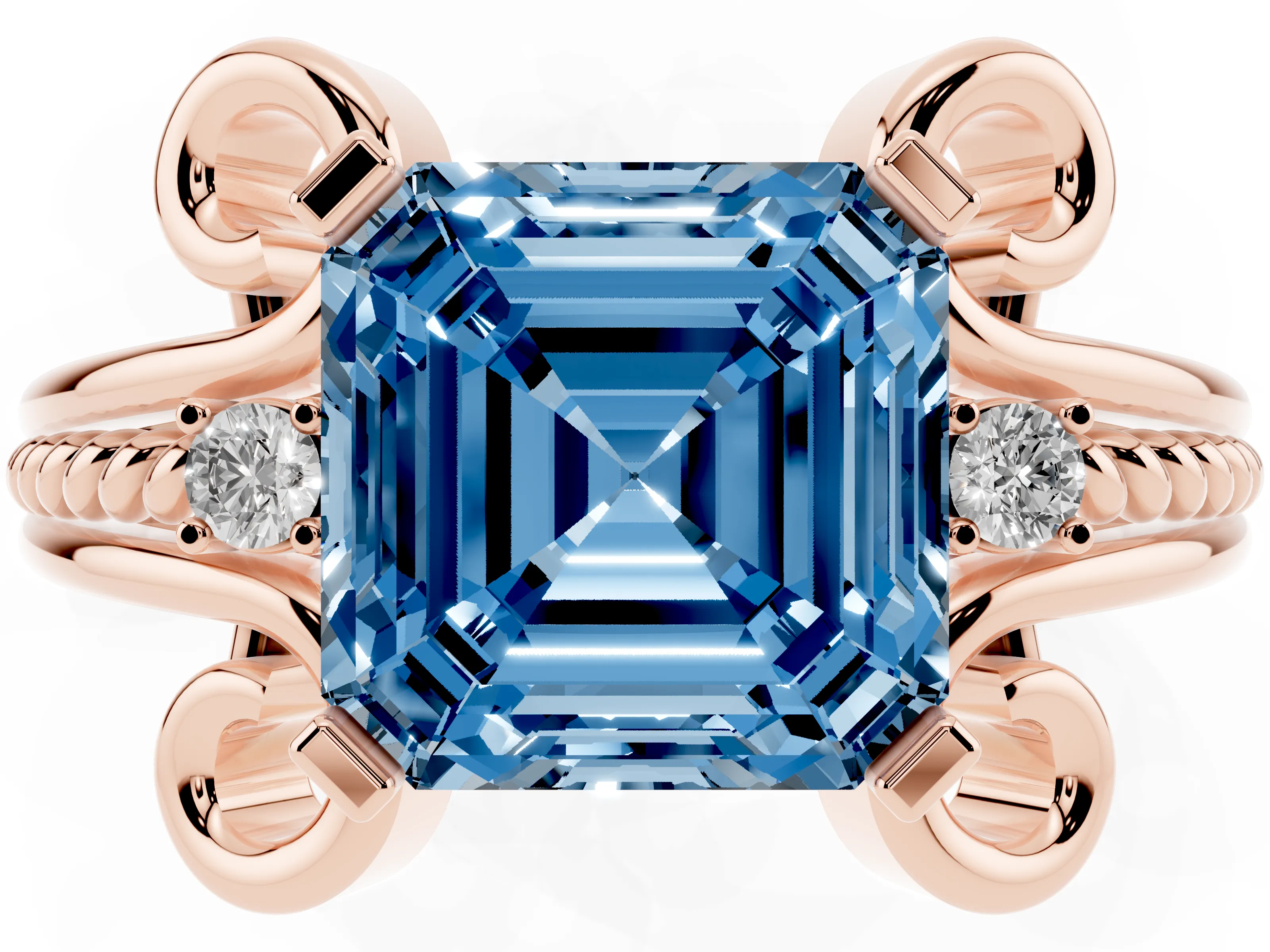 Fancy Blue Asscher Cut Diamond Twisted Band Solitaire Ring Set in Rose gold with Scroll Prongs
