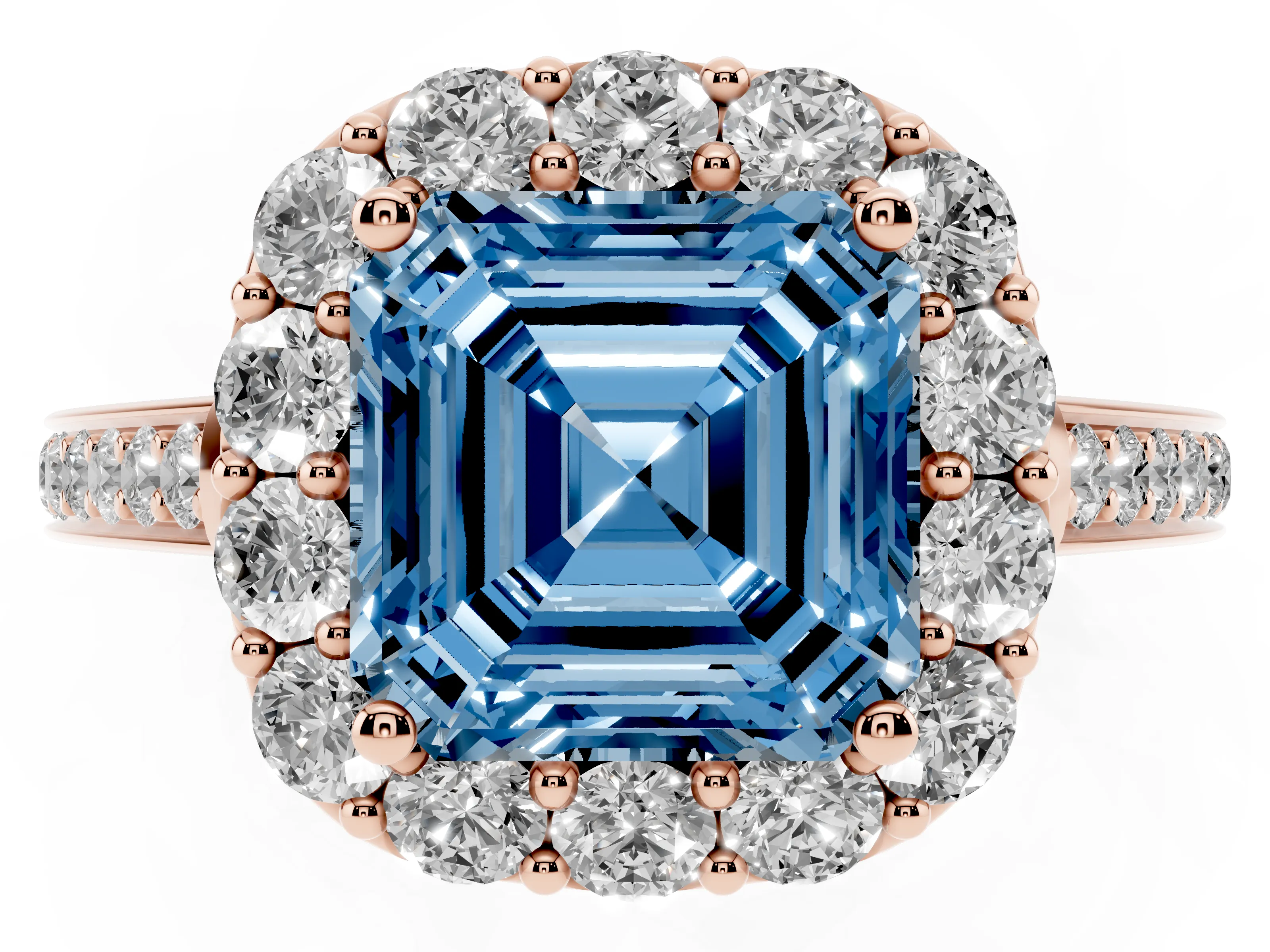 Fancy Blue Asscher Cut Diamond Floral Halo Ring Set in Rose gold with Pavé Band and Prong Setting