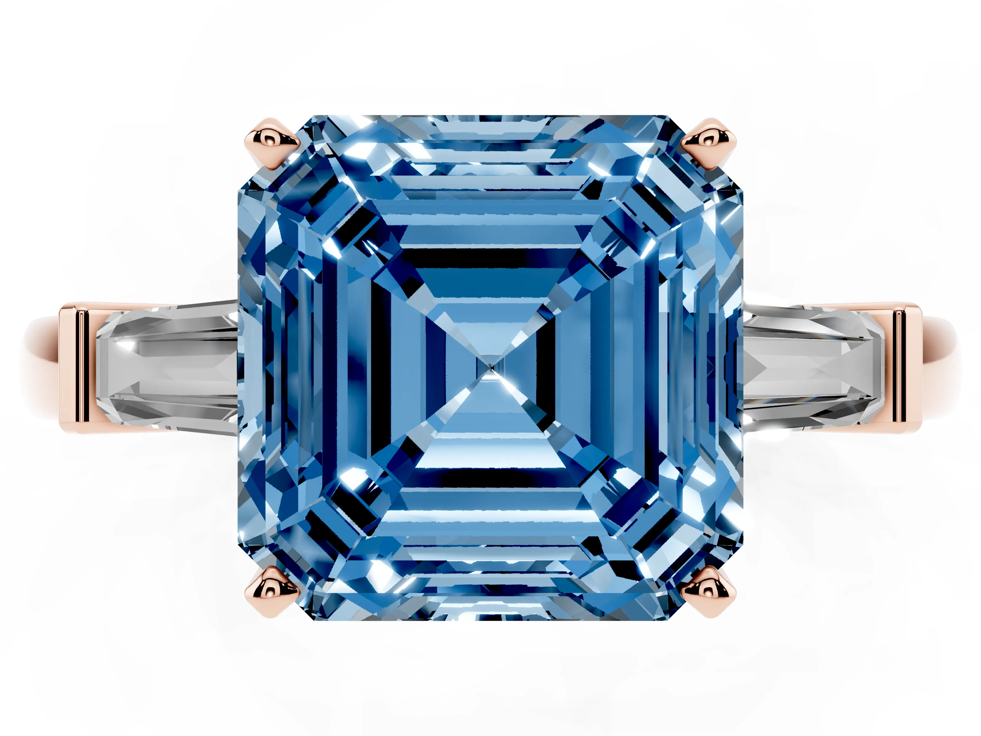 Fancy Blue Asscher Cut Diamond Solitaire Ring Set in Rose gold with Tapered Baguette Accents and Prong Setting