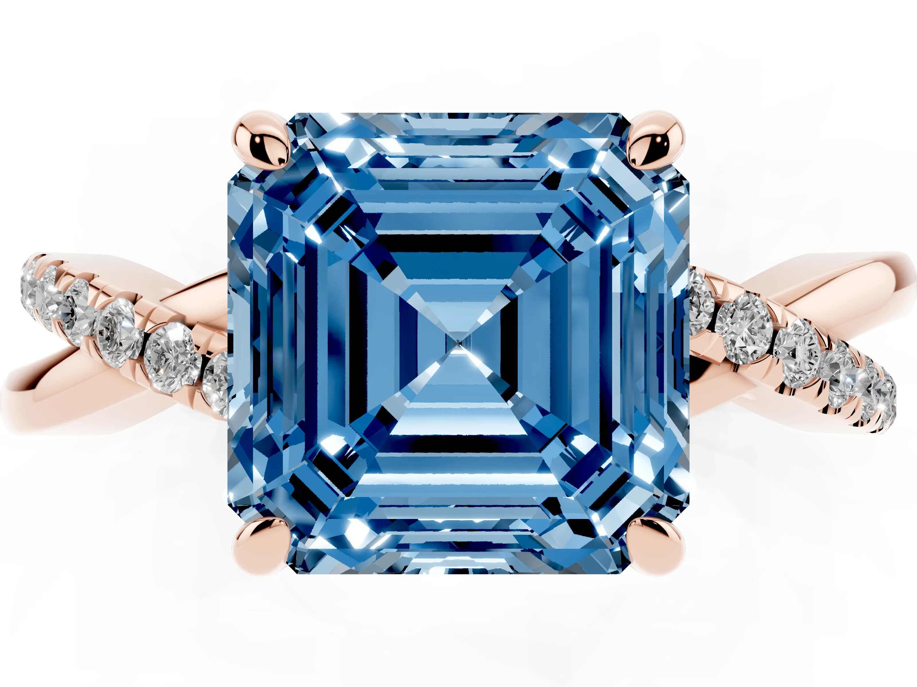 Fancy Blue Asscher Cut Diamond Twist Band Pavé Solitaire Ring Set in Rose gold with Prong Setting