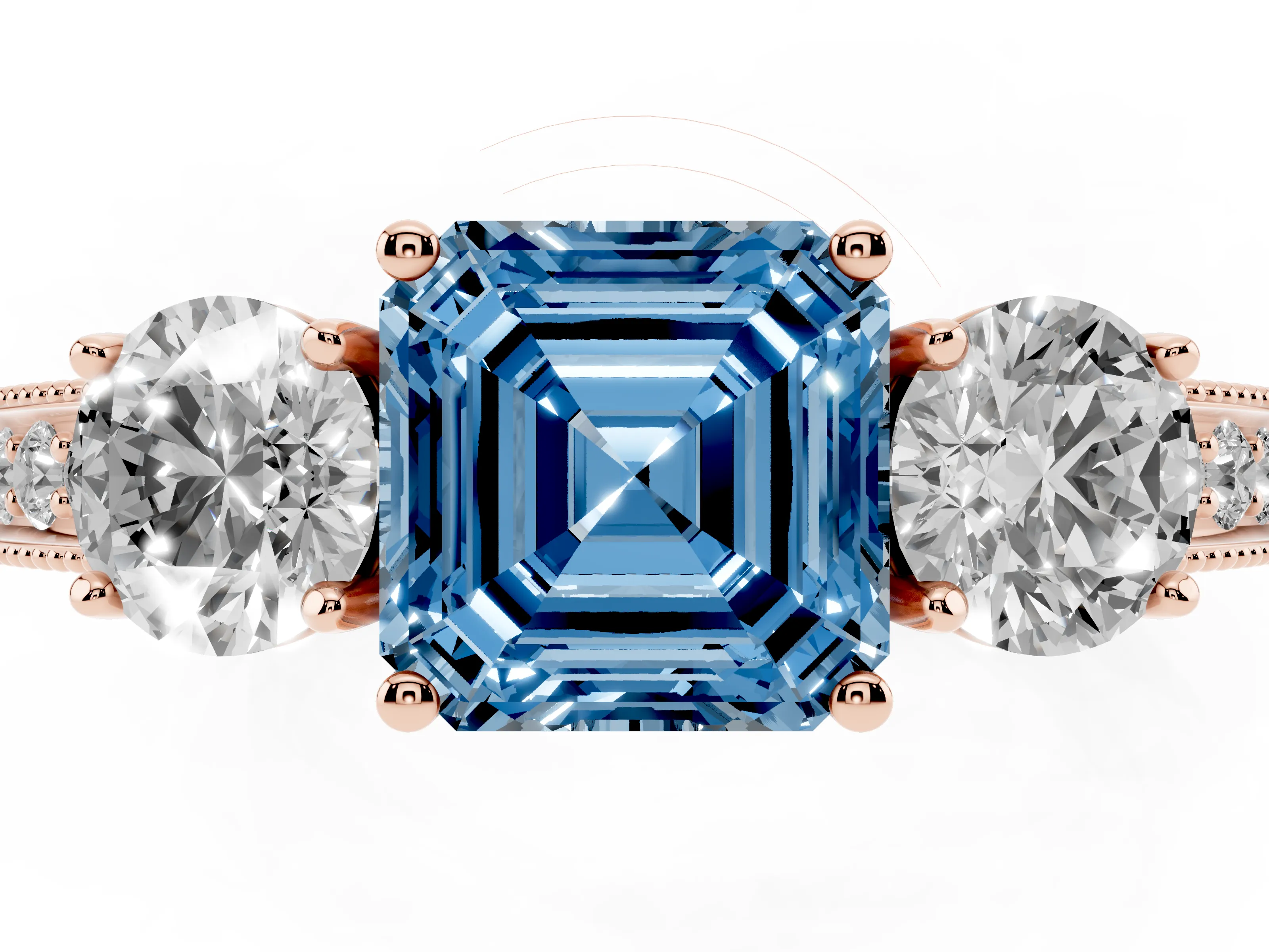 Fancy Blue Asscher Cut Diamond Three-Stone Ring Set in Rose gold with Round Side Stones and Pavé Band