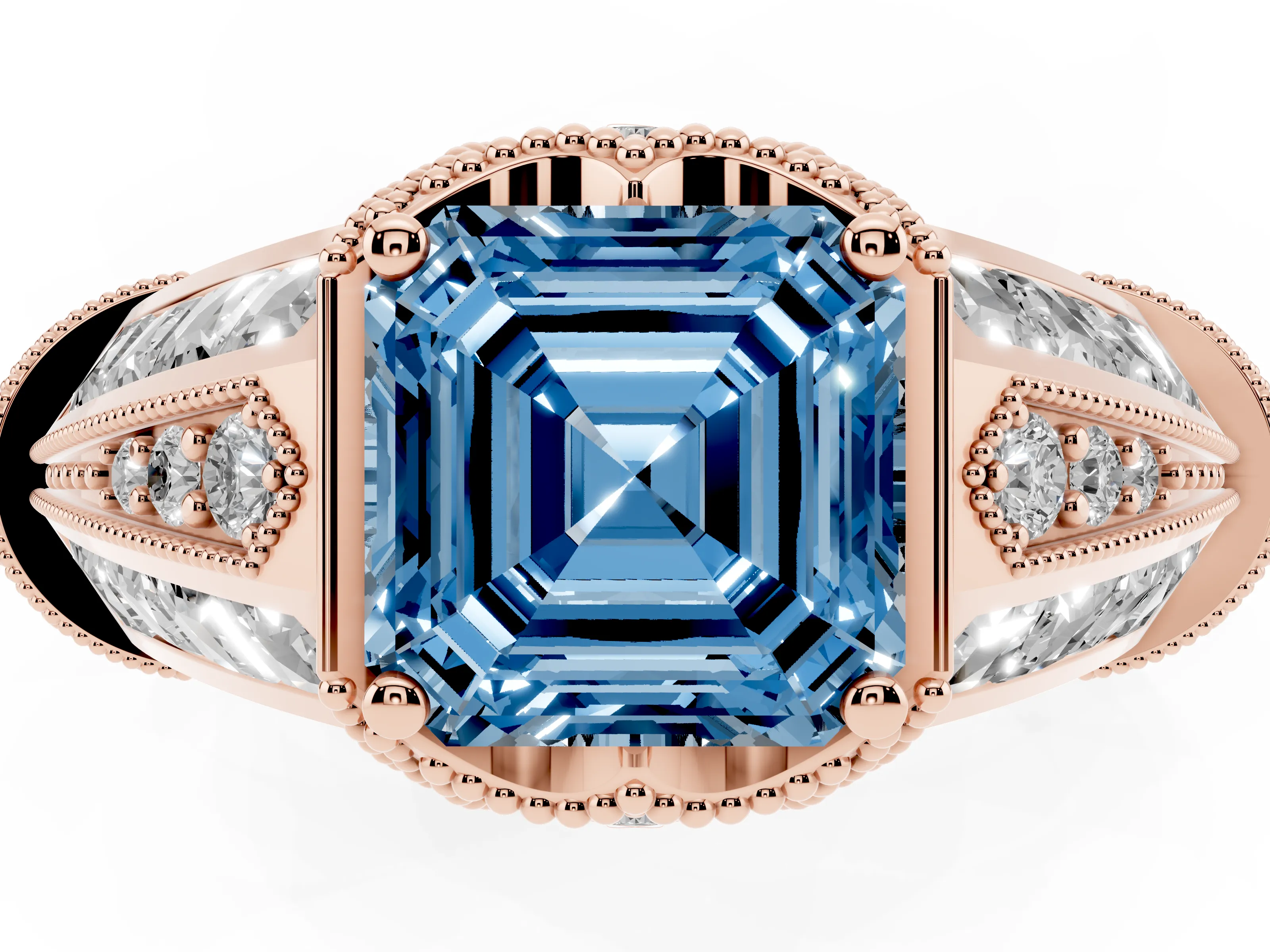 Fancy Blue Asscher Cut Diamond Vintage-Inspired Milgrain Ring Set in Rose gold with Accent Split Shank