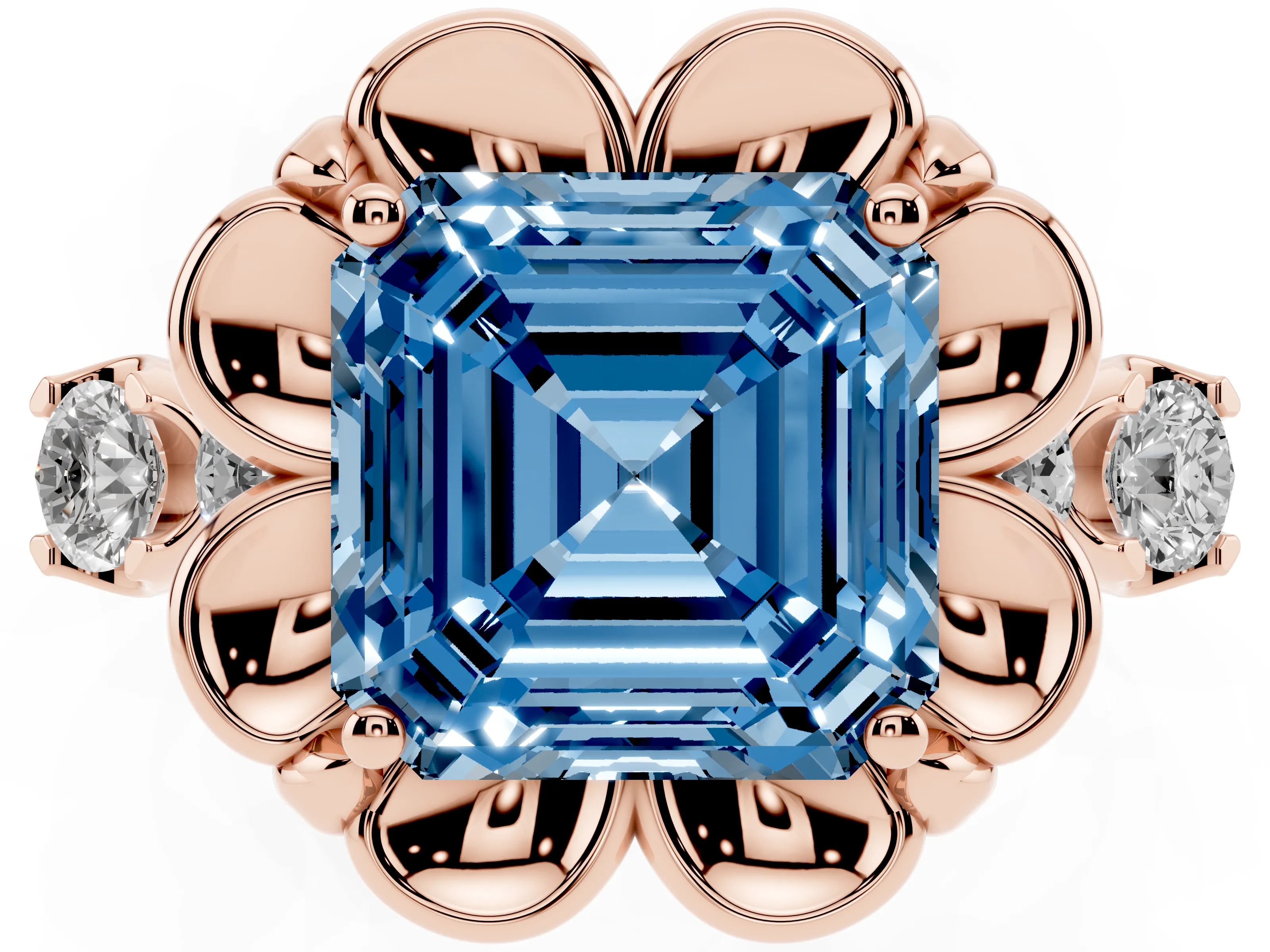 Fancy Blue Asscher Cut Diamond Floral Halo Ring Set in Rose gold with Shared Prong Band