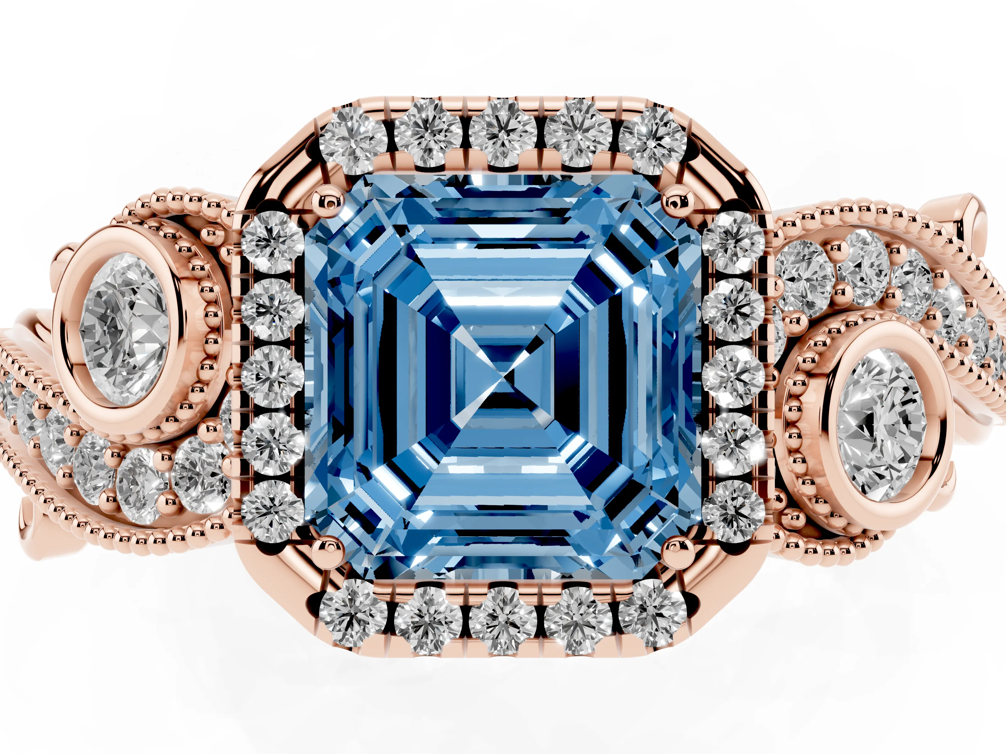 Fancy Blue Asscher Cut Diamond Halo Ring Set in Rose gold with Milgrain Pavé Band and Prong Setting