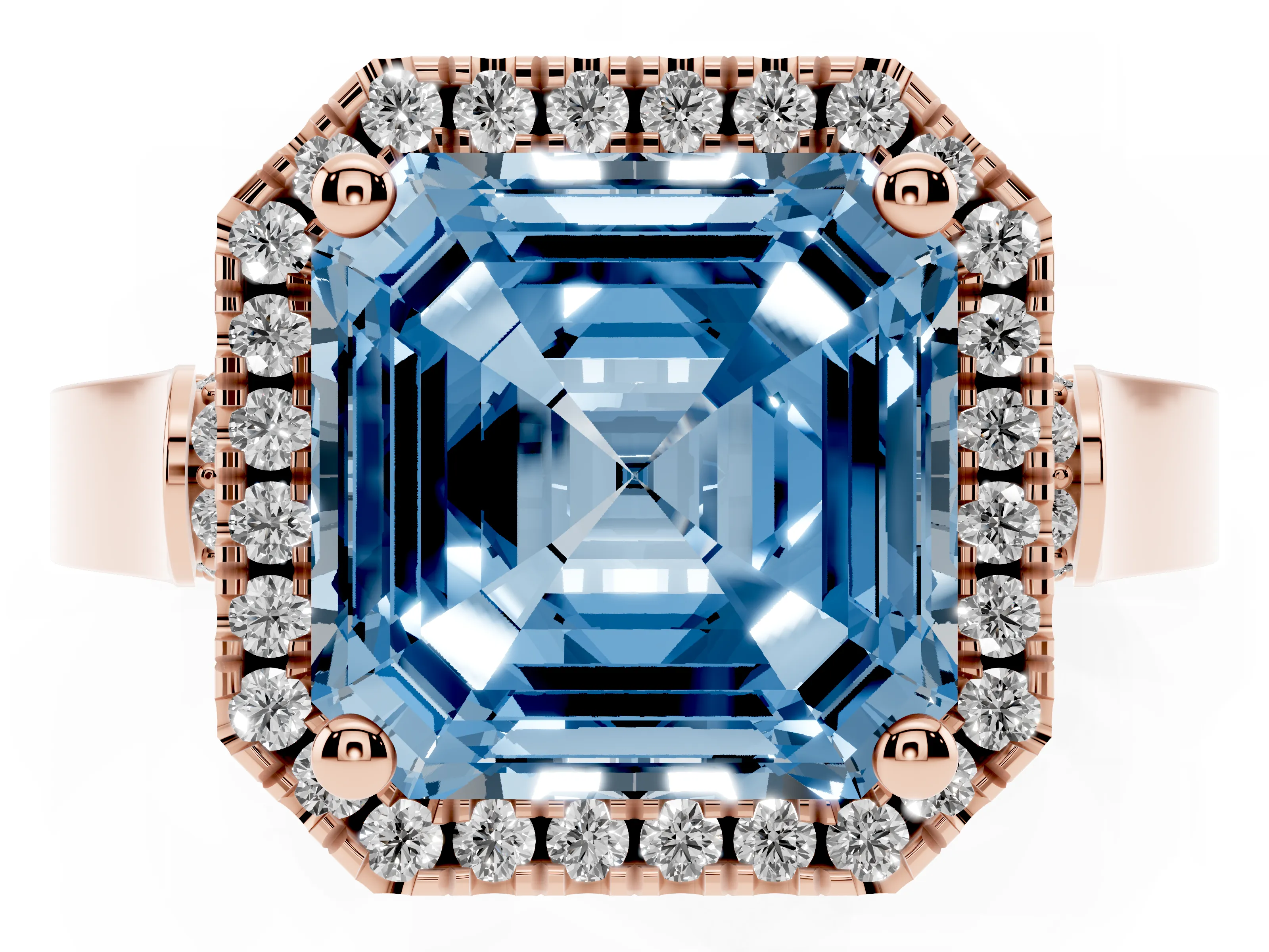 Fancy Blue Asscher Cut Diamond Halo Ring Set in Rose gold with Pavé-Lined Split Shank Band