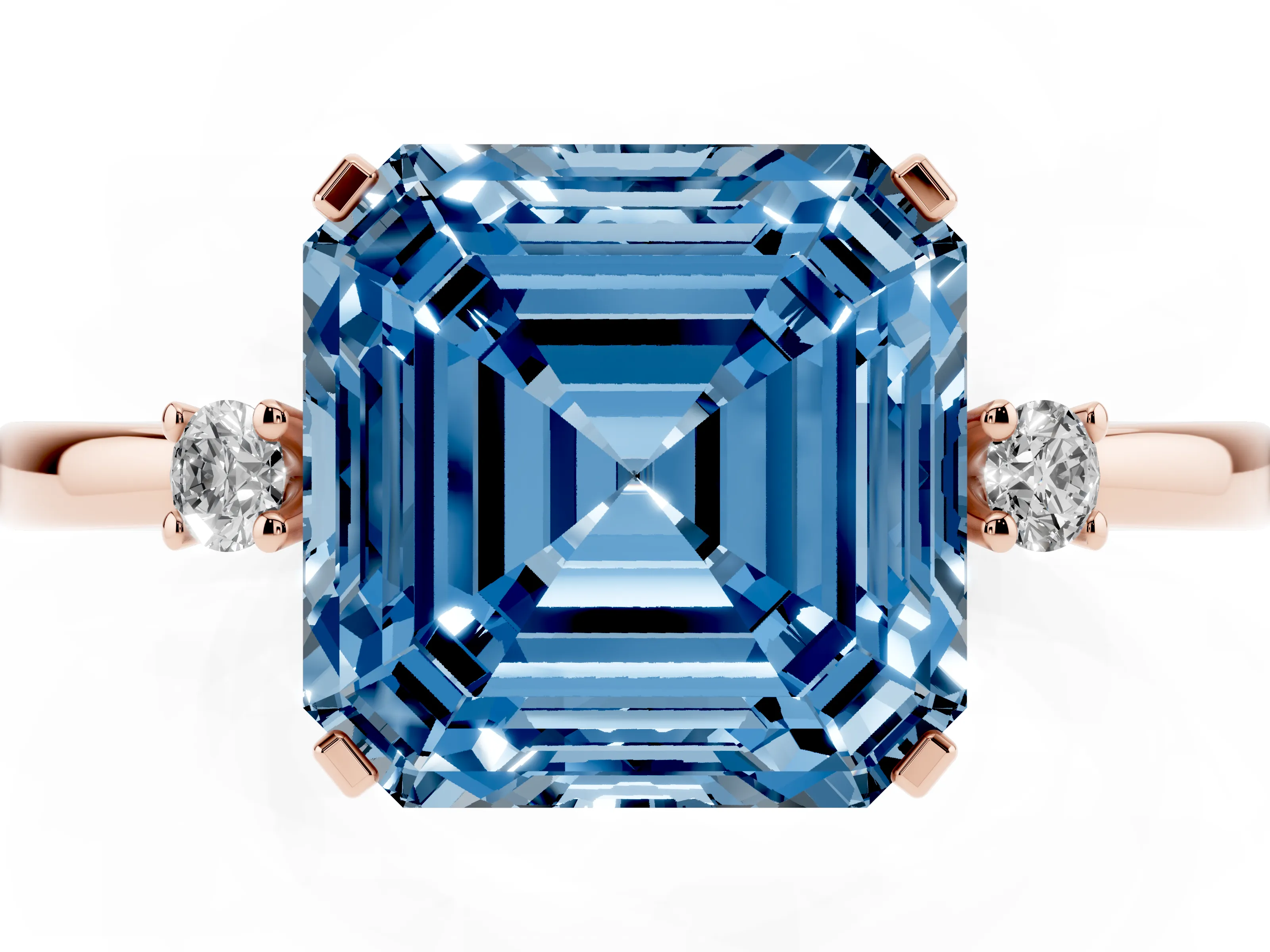Fancy Blue Three-Stone Asscher Cut Diamond Solitaire Ring Set in Rose gold with Round Accent Stones and Prong Setting
