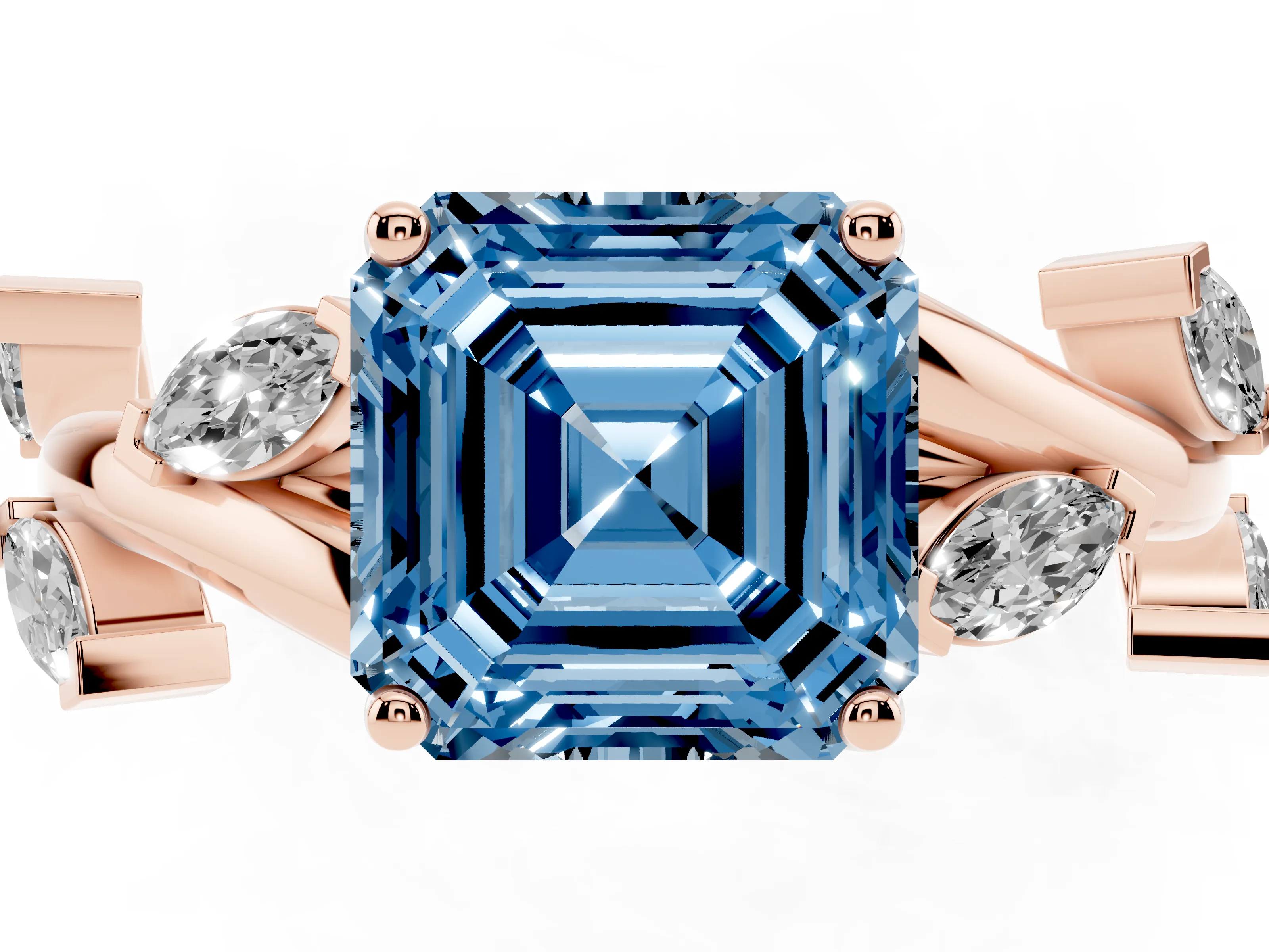 Fancy Blue Asscher Cut Diamond Solitaire Ring Set in Rose gold with Twisted Marquise Accent Band