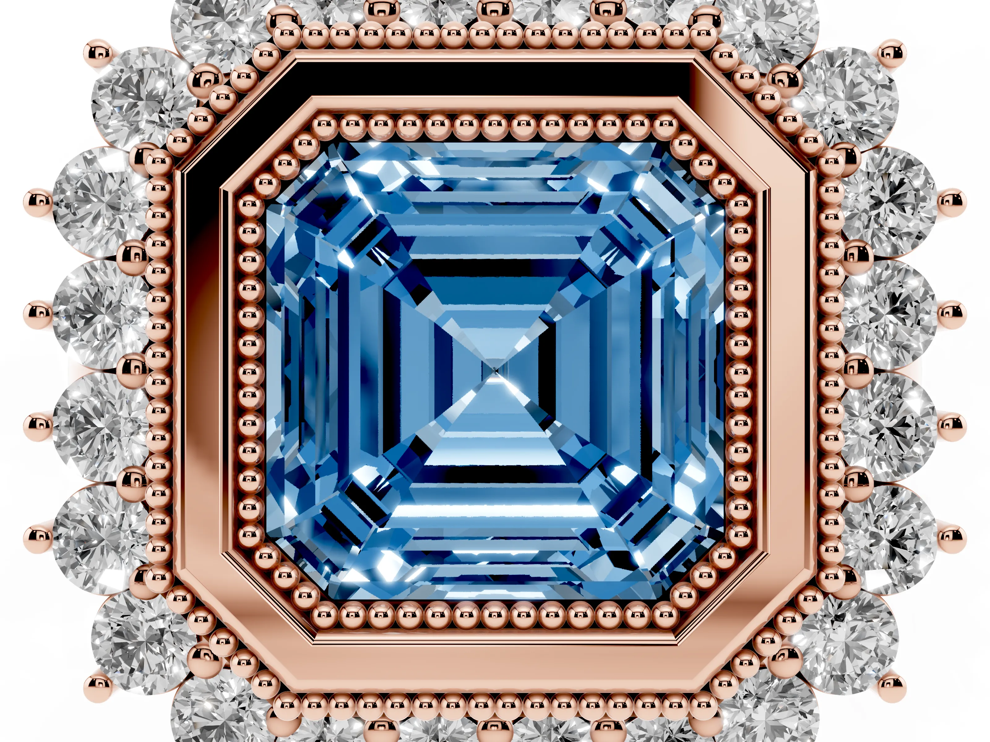 Fancy Blue Asscher Cut Diamond Halo Ring Set in Rose gold with Milgrain Edge and Round Prong Setting