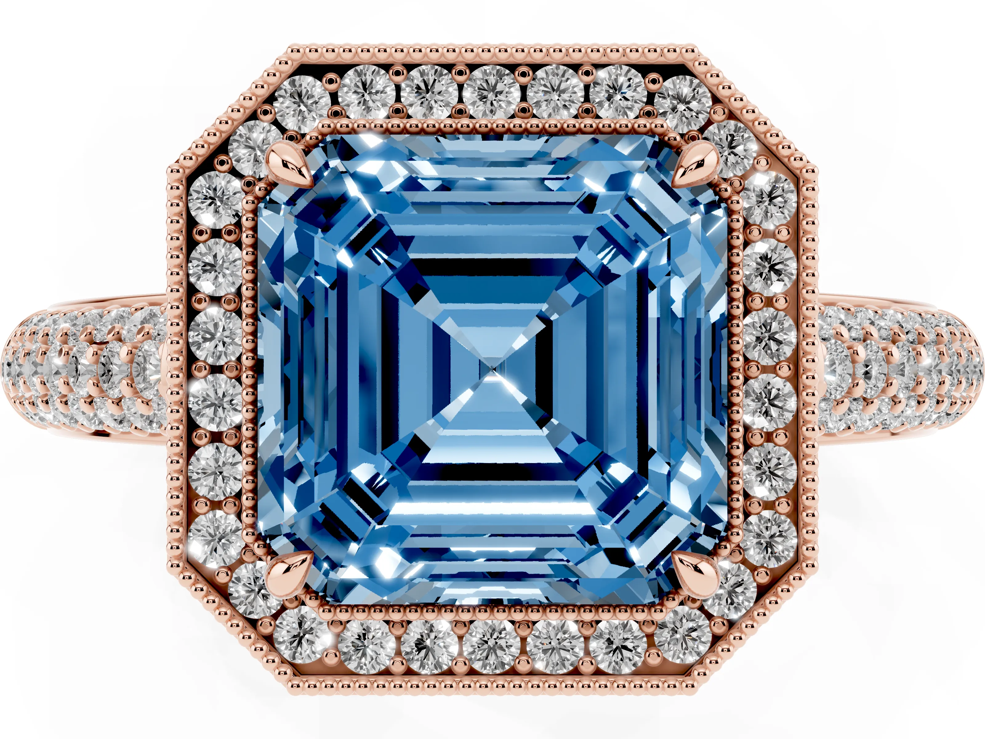 Fancy Blue Asscher Cut Diamond Halo Pavé Band Set in Rose gold with Prong Setting