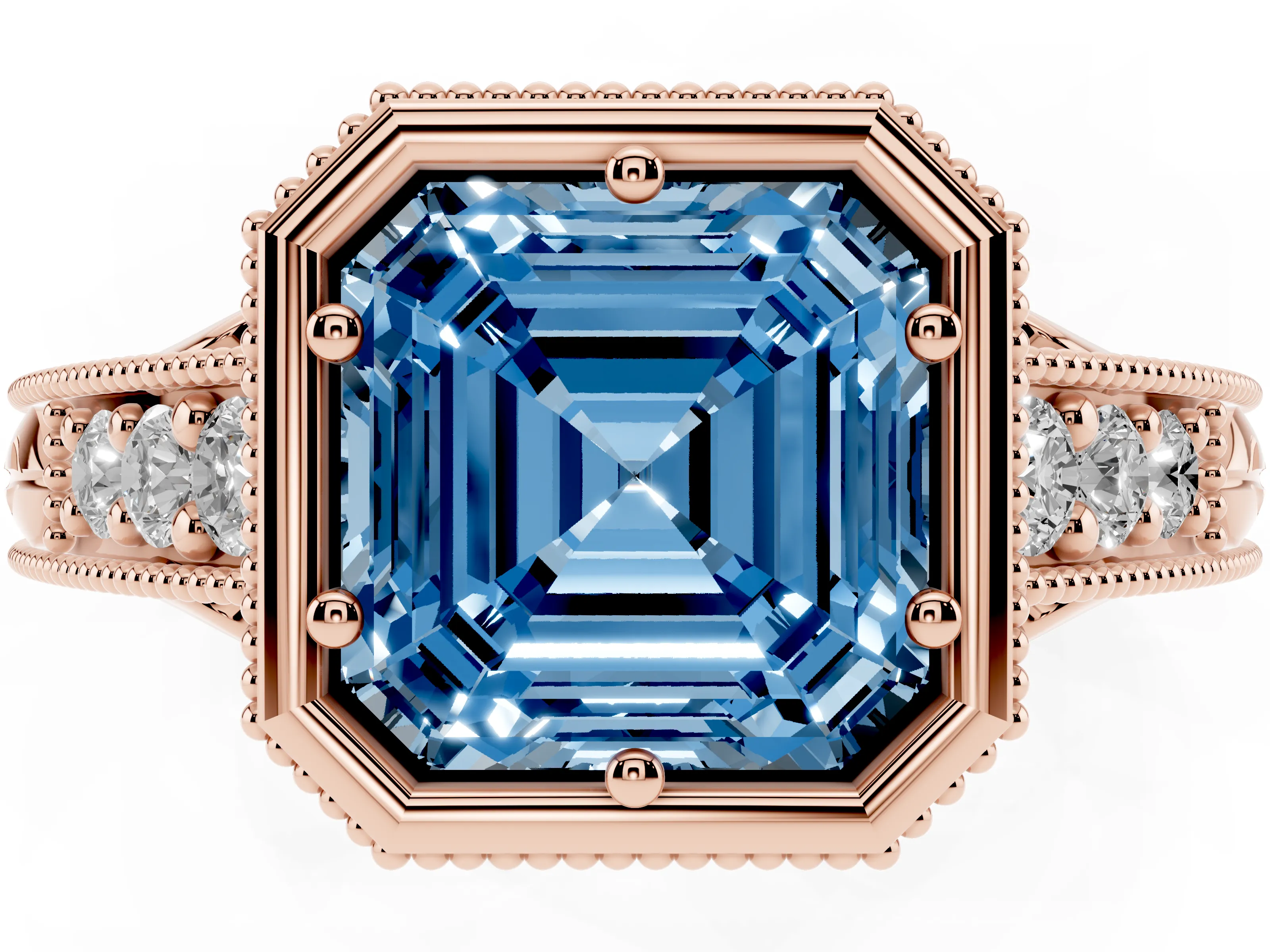 Fancy Blue Bezel Set Asscher Cut Diamond Milgrain Pavé Engagement Ring Set in Rose gold