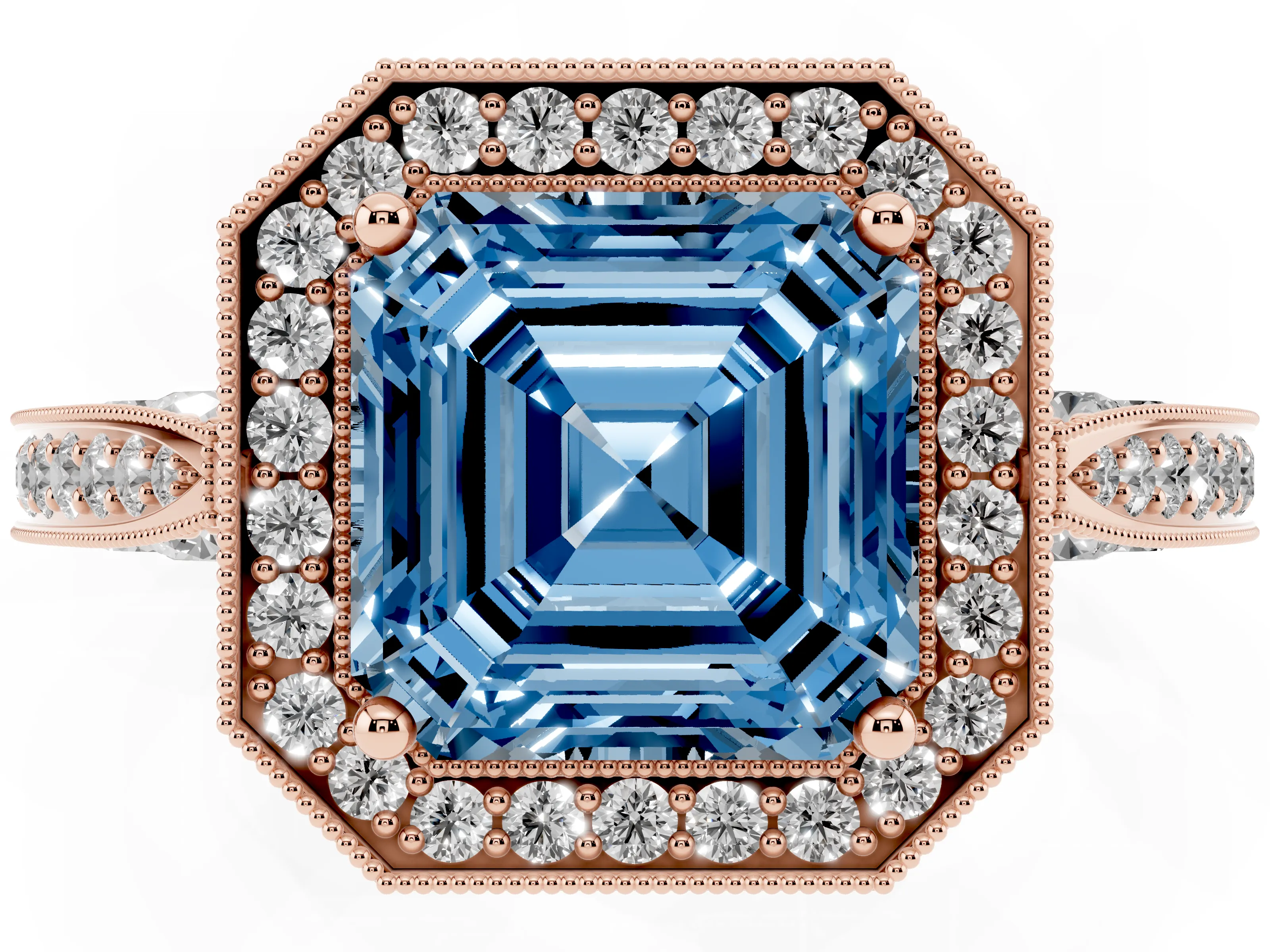 Fancy Blue Asscher Cut Diamond Halo Engagement Ring Set in Rose gold with Accent Split Shank Band